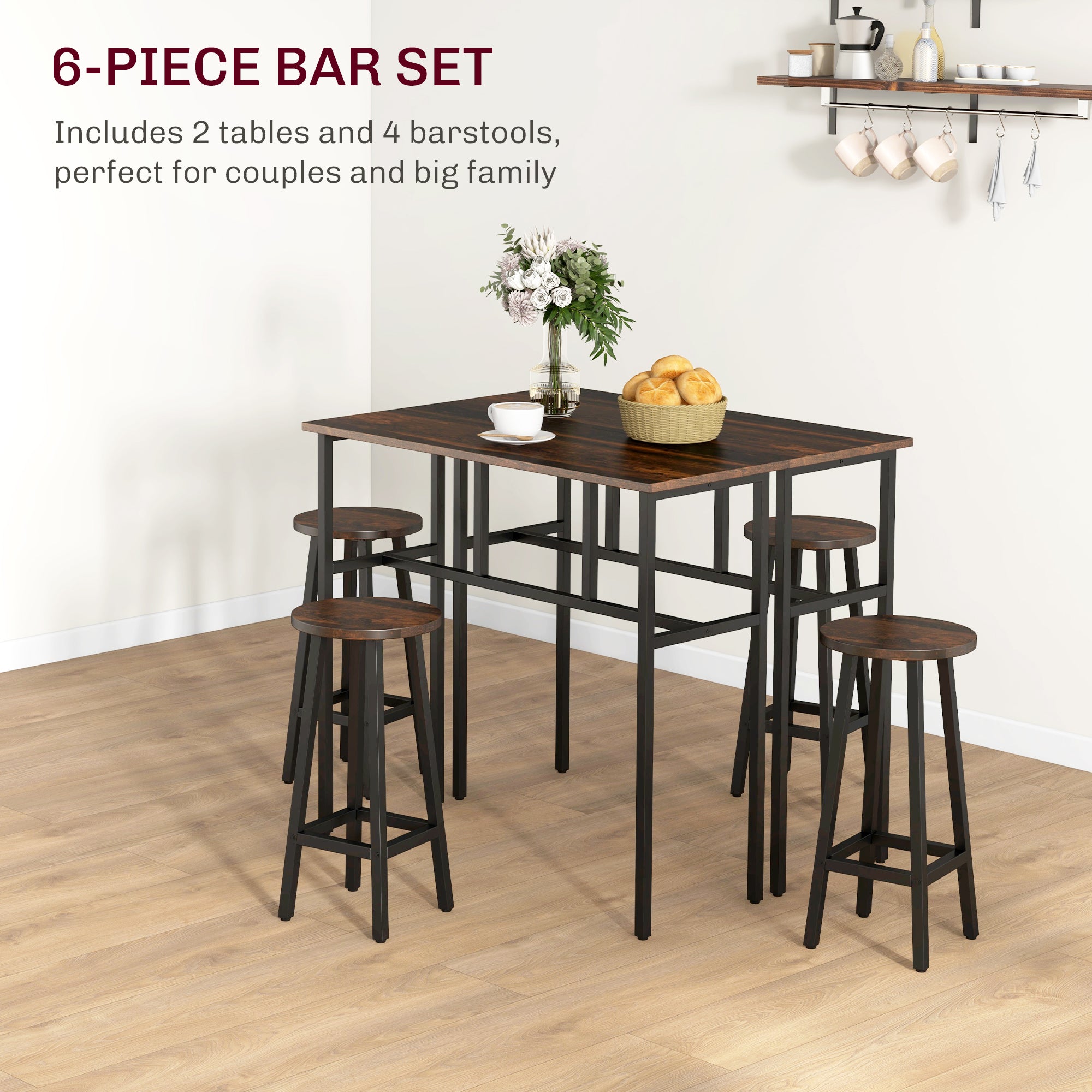 HOMCOM 6-Piece Bar Table Set, 2 Breakfast Tables with 4 Stools, Counter Height Dining Tables & Chairs for Kitchen, Living Room, Rustic Brown - North Peak Garden Furniture