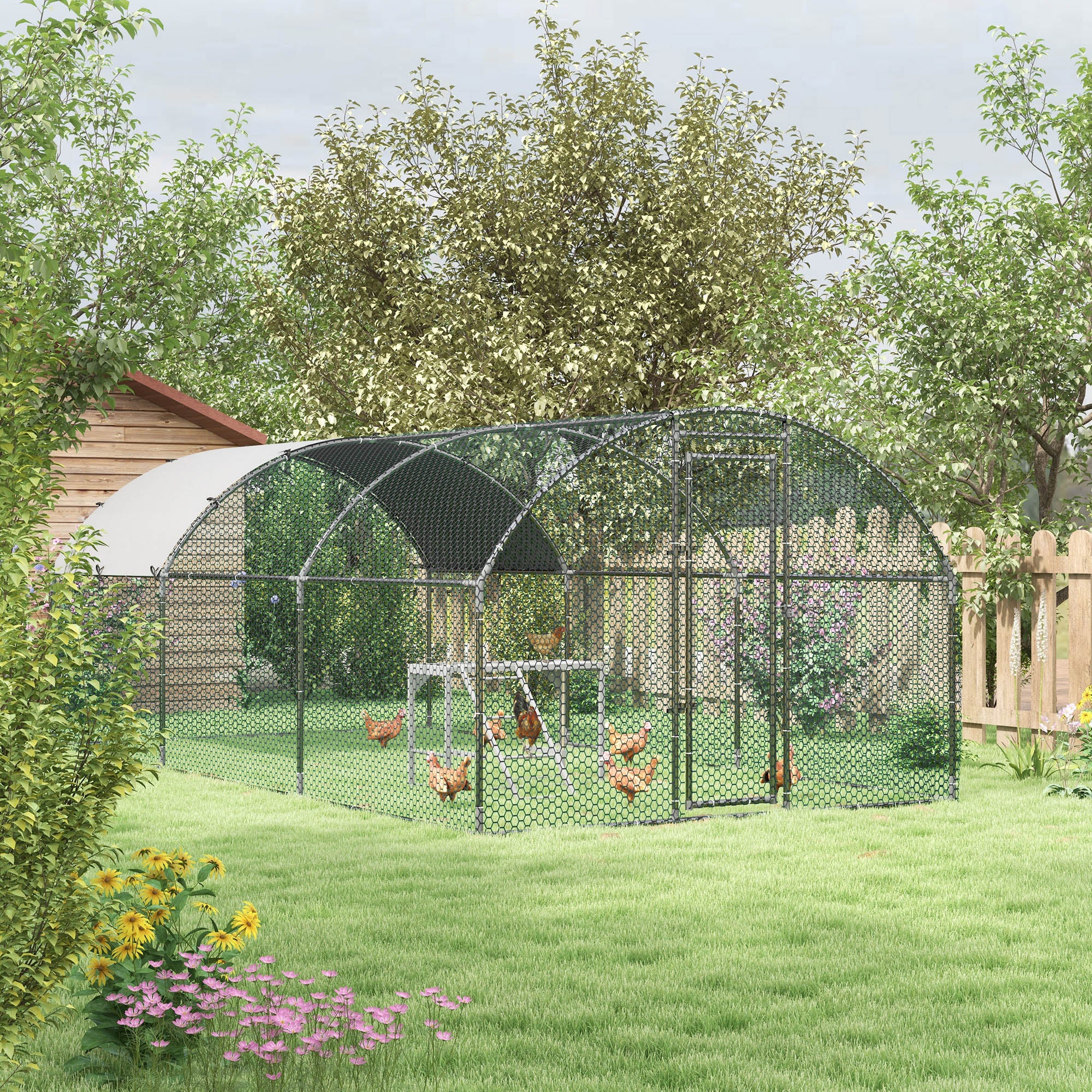 PawHut Walk In Chicken Run with Chicken Activity Shelf and Cover, 2.8 x 5.7 x 2m - North Peak Garden Furniture