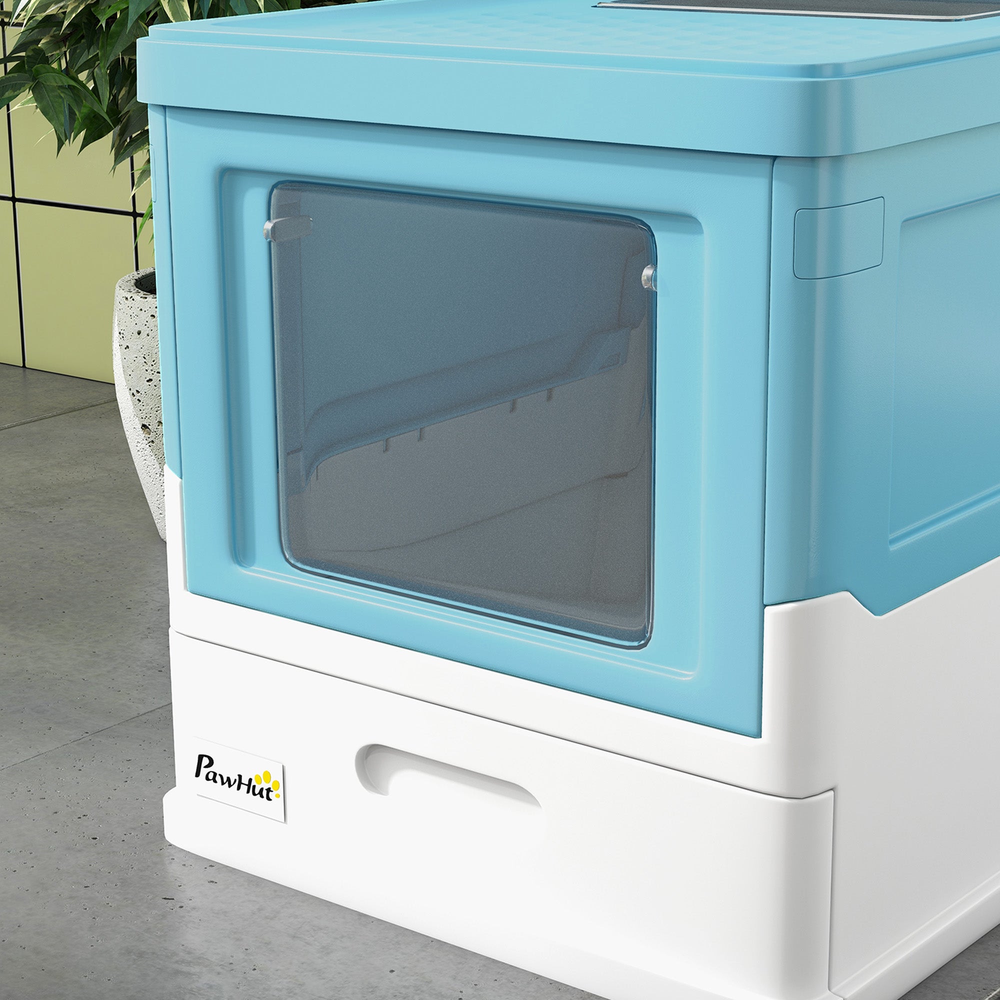 PawHut Hooded Cat Litter Box, Portable Pet Toilet, with Scoop, Front Entry - Light Blue - North Peak Garden Furniture