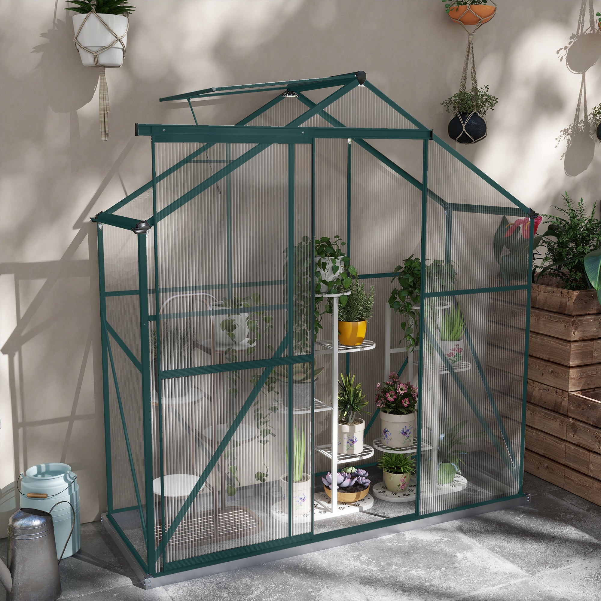 Outsunny 6 x 2.5ft Polycarbonate Greenhouse Walk-In Green House with Rain Gutter, Sliding Door, Window, Foundation, Green - North Peak Garden Furniture