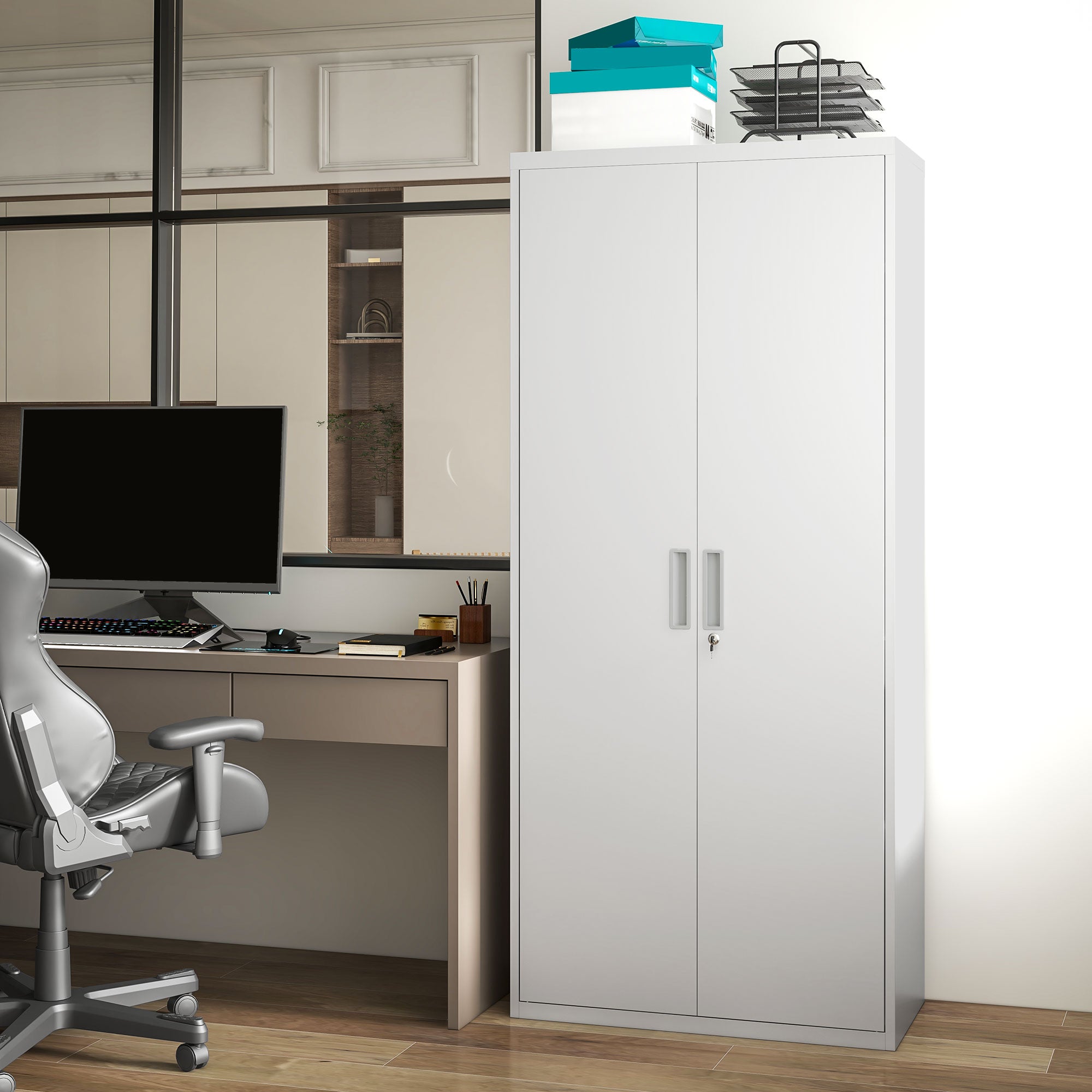 HOMCOM Five Shelf Lockable Steel Office Cabinet - White - North Peak Garden Furniture