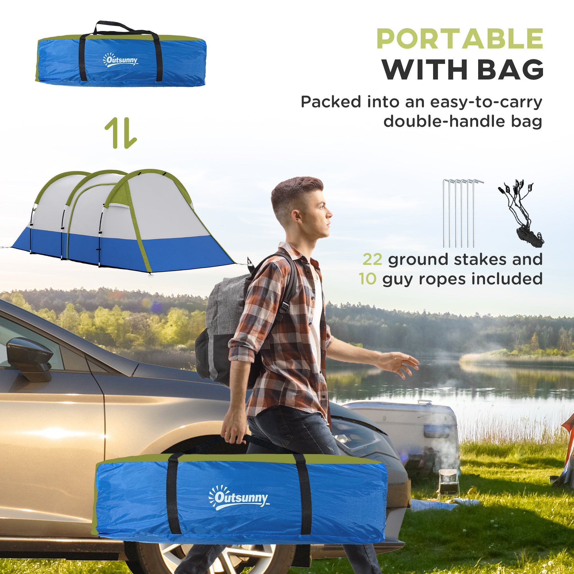 Outsunny Three Man Two-Room Tent, with Porch and Accessories - Green - North Peak Garden Furniture
