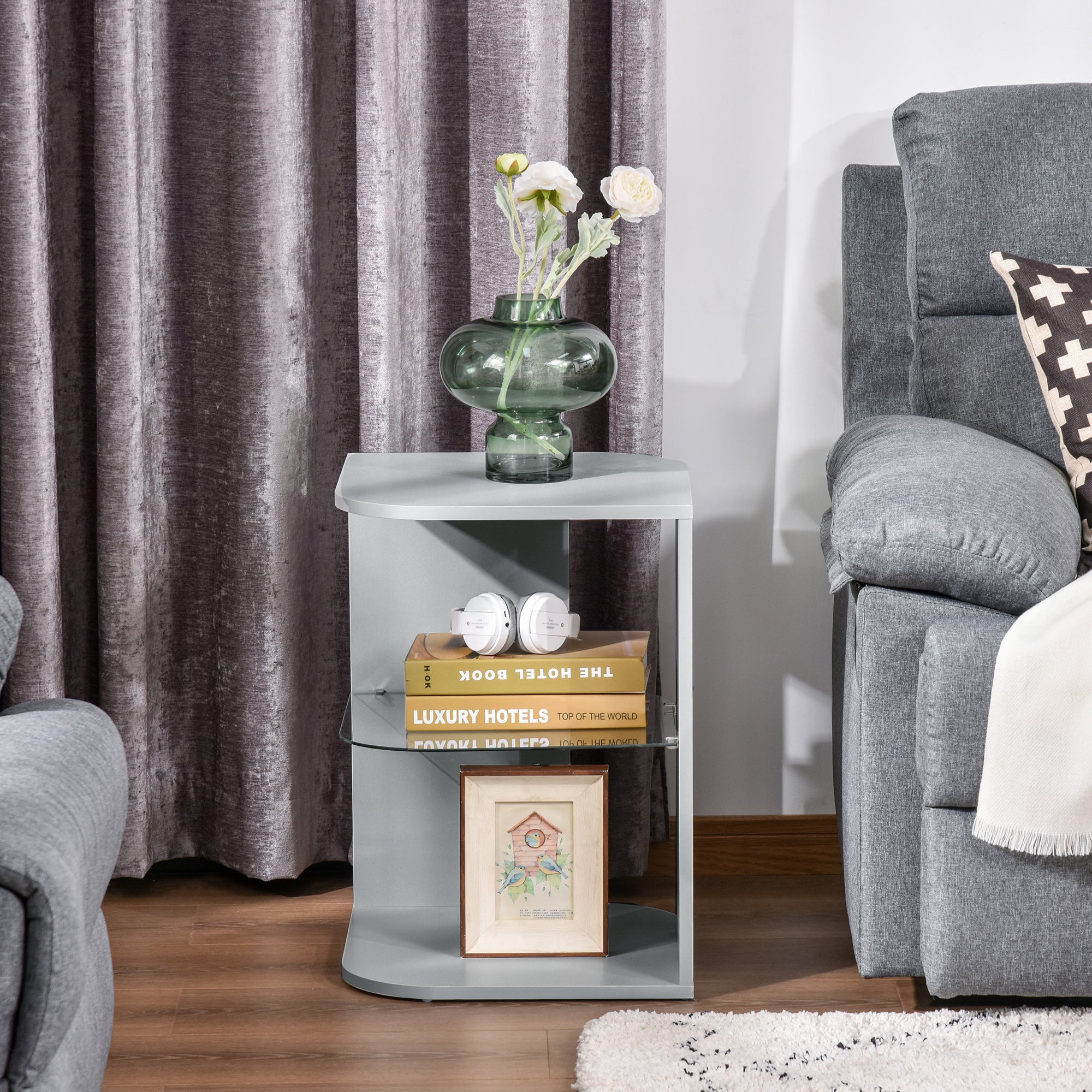 HOMCOM Modern Side Table Three Layer Bedside Table Nightstand with 2 Storage Shelves, for Living room, Bedroom, Grey - North Peak Garden Furniture