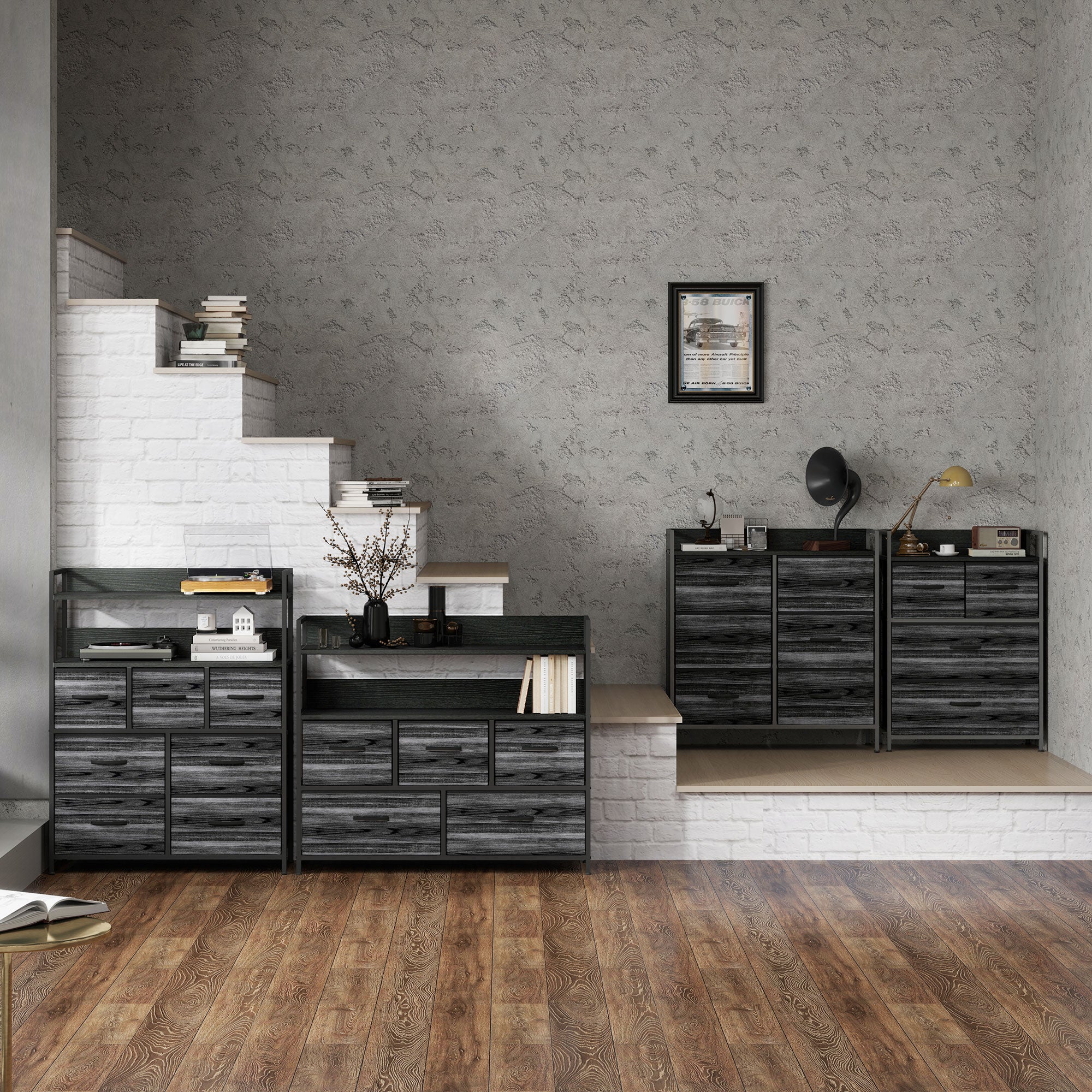 HOMCOM Rustic Chest of Seven Fabric Drawers - Black - North Peak Garden Furniture