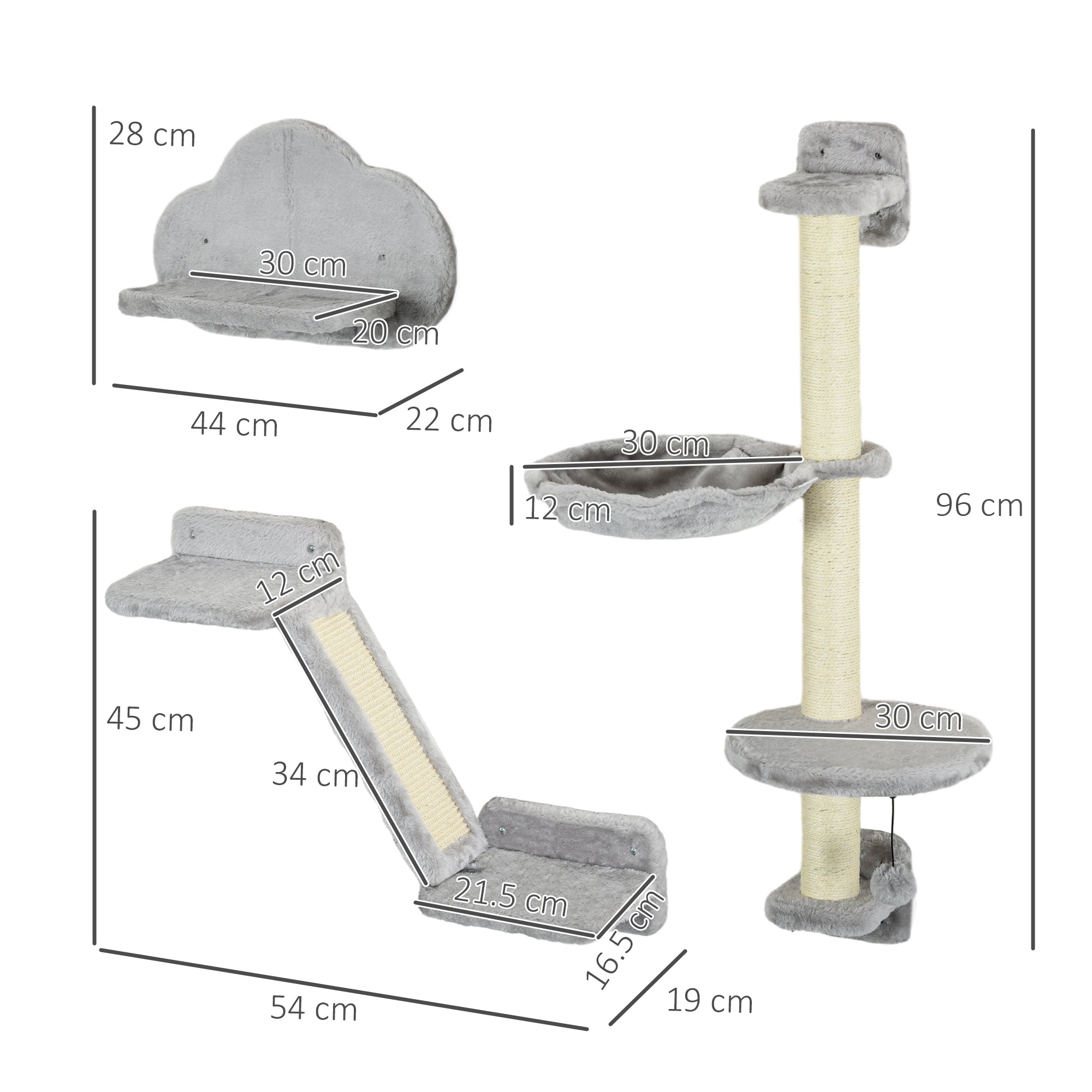 PawHut Three-Piece Wall-Mounted Cat Shelves, with Hammock, Ladder, Platforms, Scratching Post - Grey - North Peak Garden Furniture