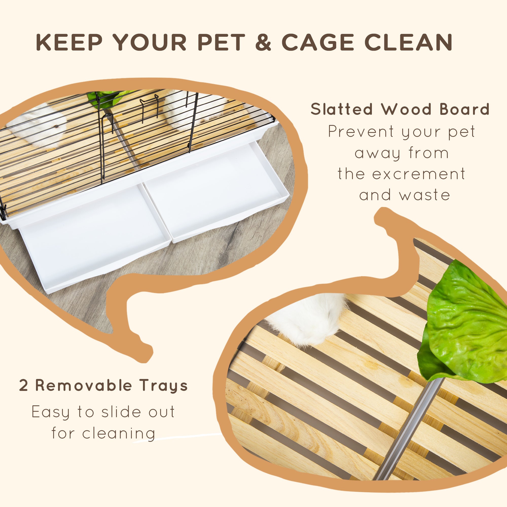 PawHut Indoor Small Animal Cage with Wood Floor, Bunny Guinea Pig House with Removable Tray, 61.5 x 38 x 40 cm, White | Aosom UK