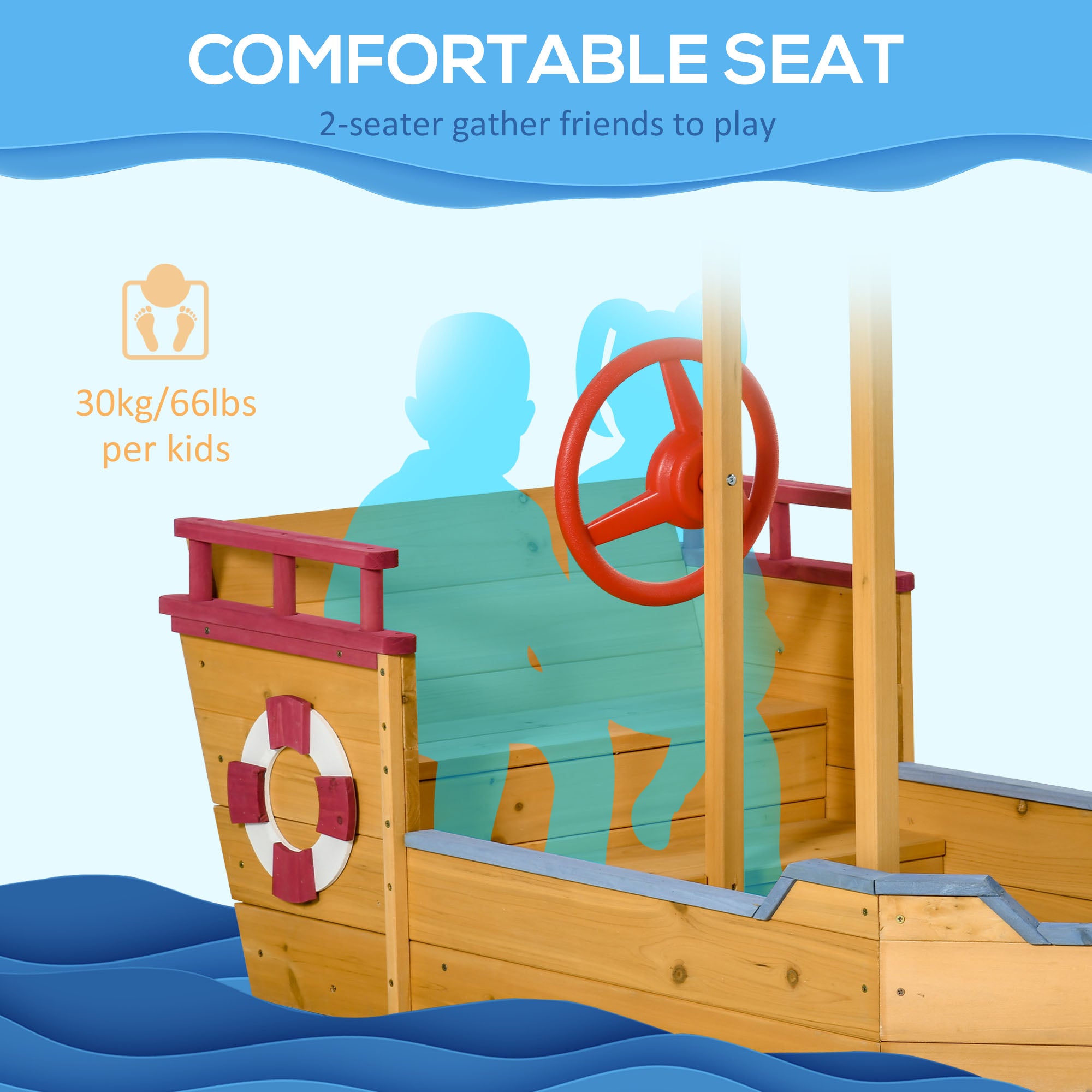 Outsunny Kids Wooden Sand Pit Children Sandbox Pirate Ship Sandboat Play Station for Outdoor w/ Canopy Shade Storage Bench Bottom Liner - North Peak Garden Furniture