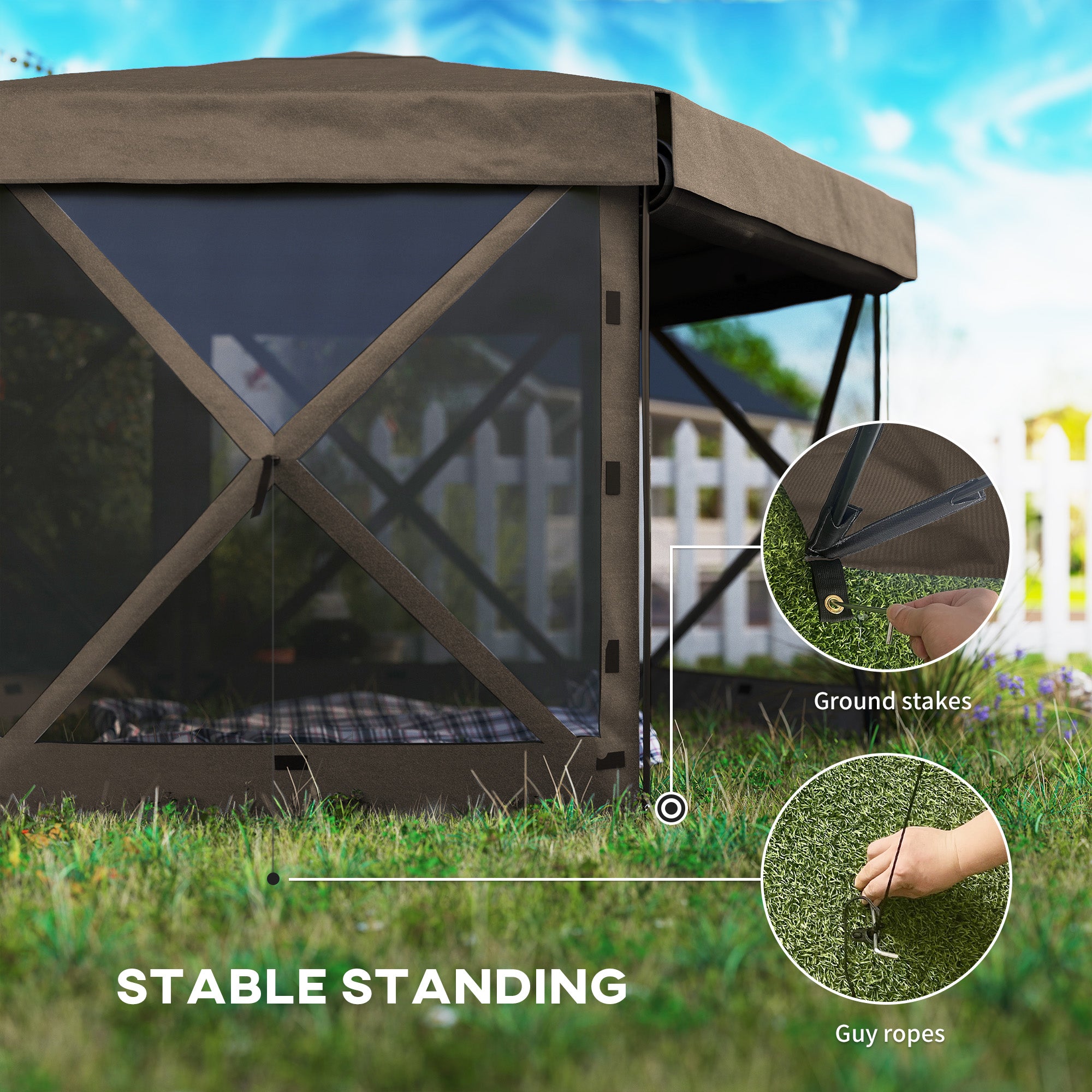 Outsunny 3 x 3(m) Hexagon Pop Up Gazebo with 5 Sides and Carry Bag, Waterproof, UV Resistant Party Tent Instant Event Shelter with Netting for Garden, Patio, Brown - North Peak Garden Furniture