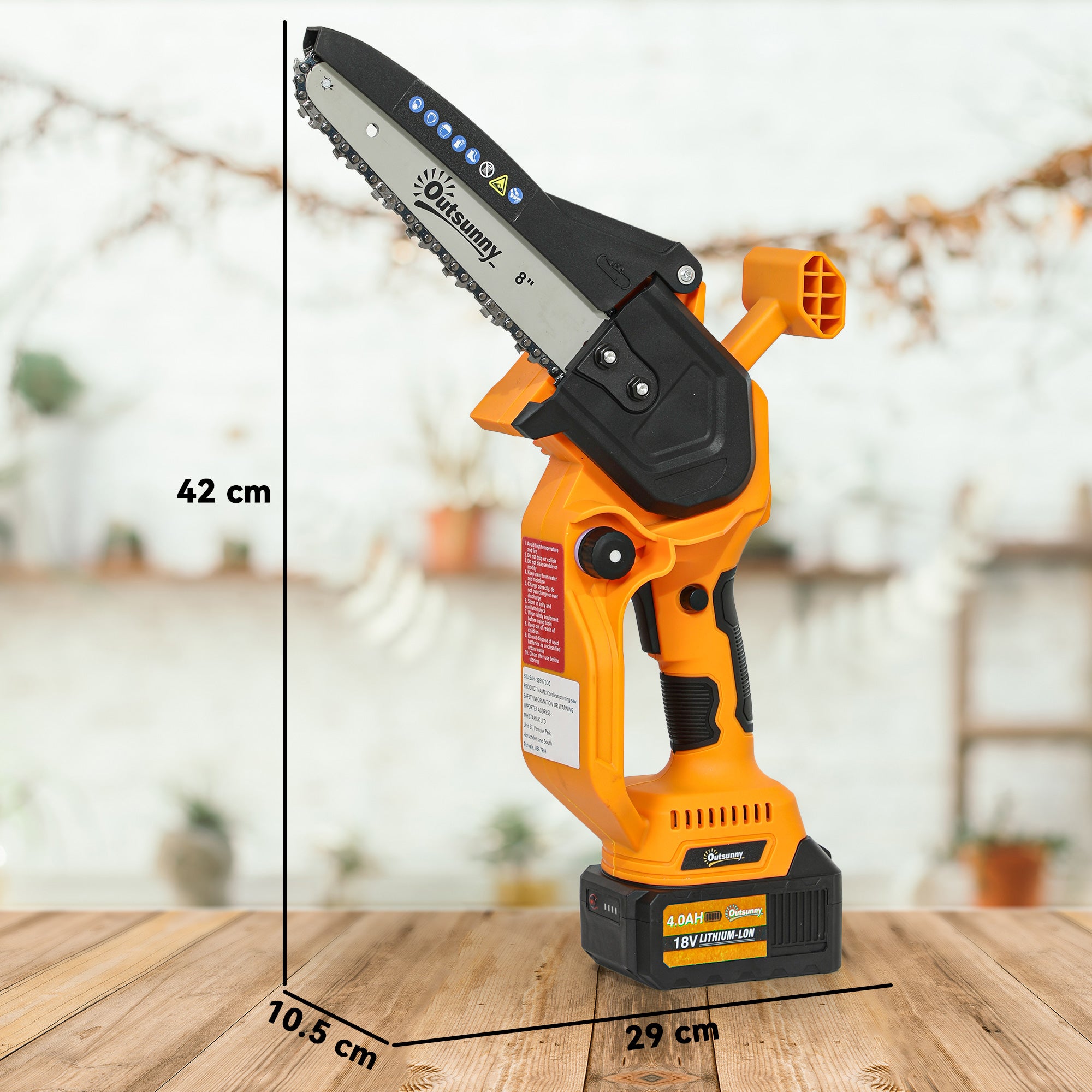 Outsunny 8 Inch Electric Chainsaw, Cordless Chain Saw with Brushless Motor, 2 4.0Ah Batteries and Safety Lock, Handheld Portable Wood Pruning Saw for Trimming Cutting, Orange - North Peak Garden Furniture