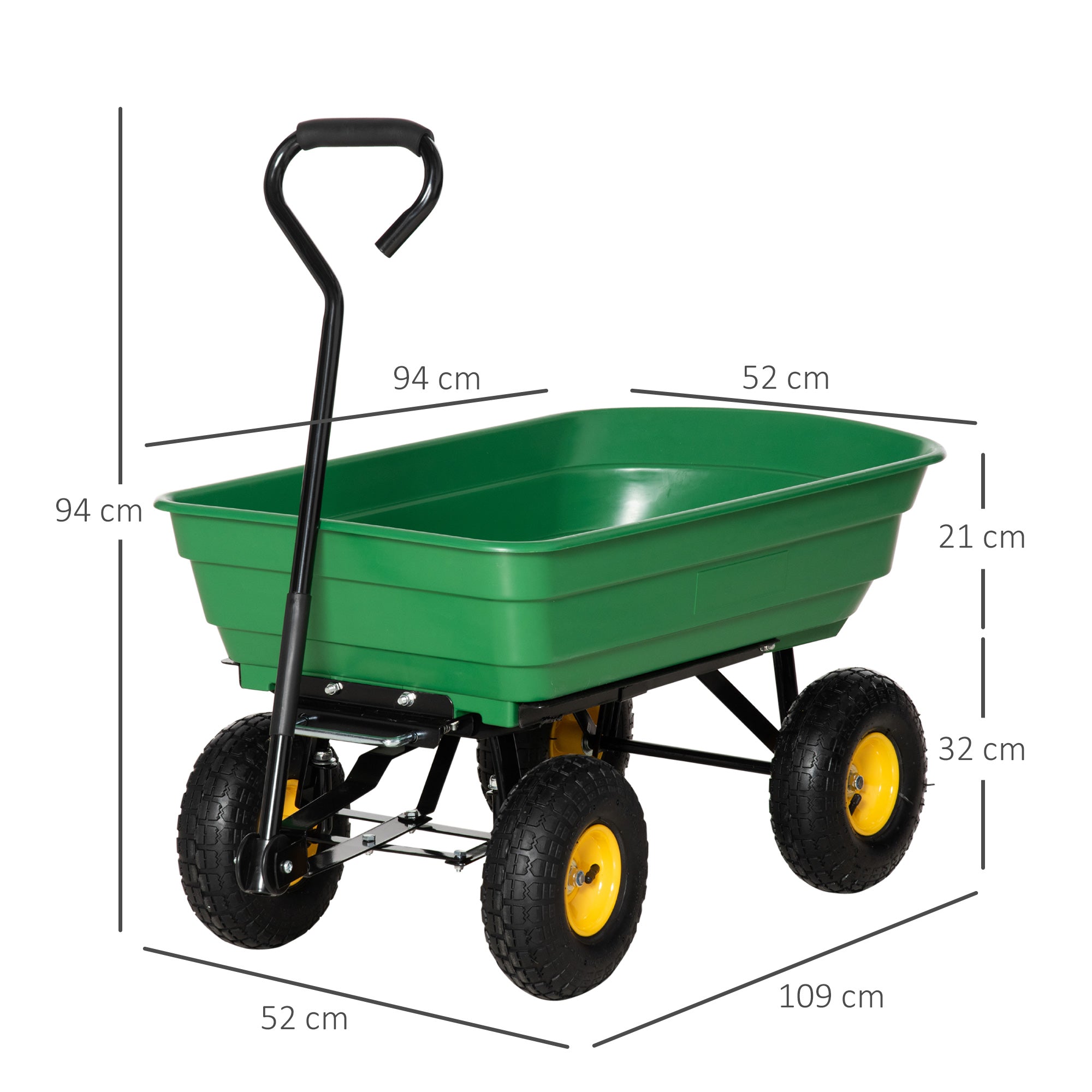Outsunny 75 Litre Large Garden Cart Heavy Duty 4 Wheel Trolley Dump Wheelbarrow Tipping Truck Trailer - Green - North Peak Garden Furniture