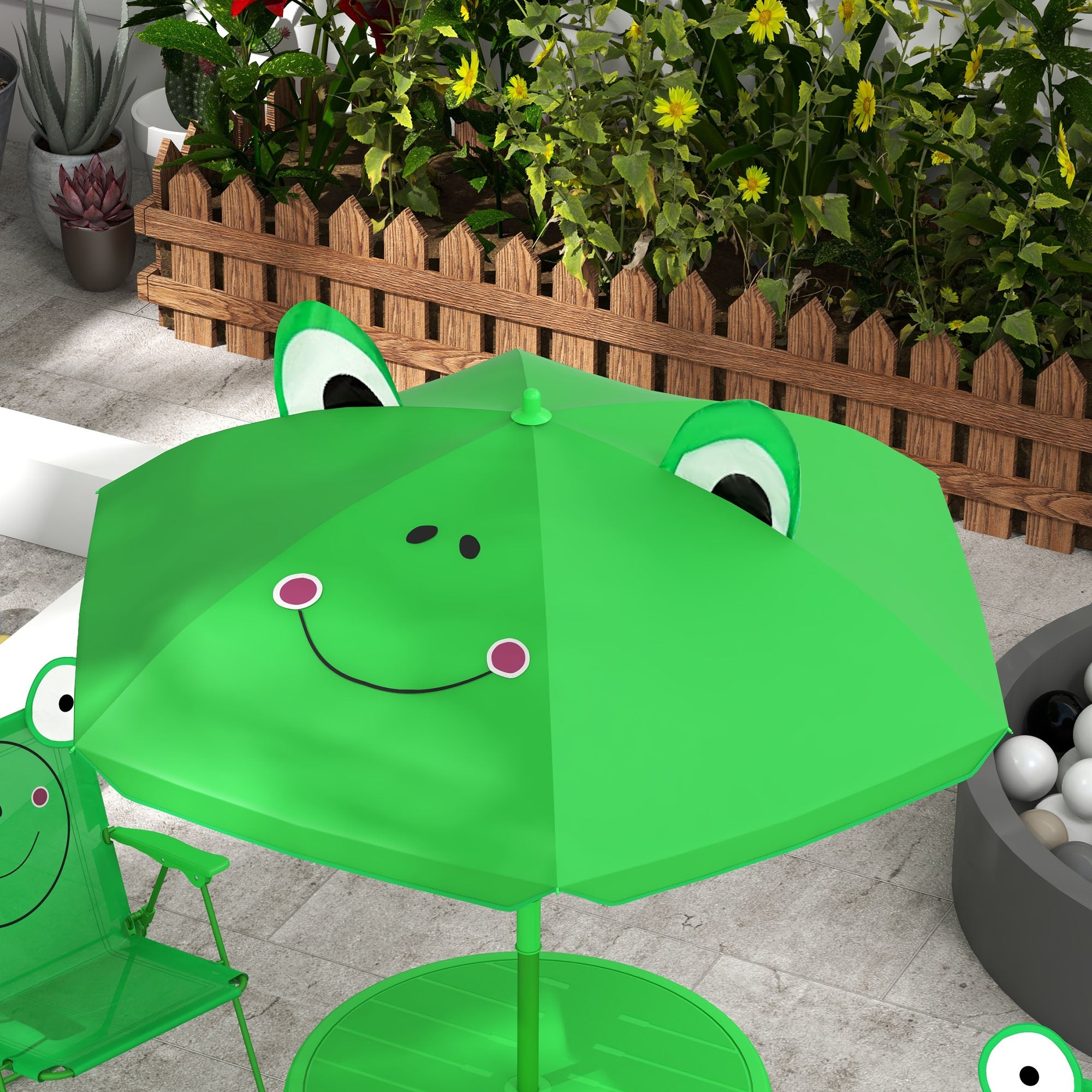 Outsunny Kids Outdoor Table and Chairs Garden Furniture Frog Pattern with Removable & Height Adjustable Sun Umbrella, Green