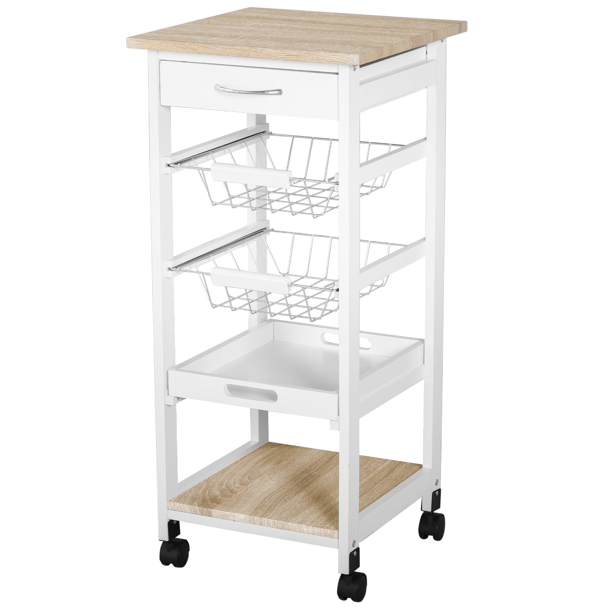 HOMCOM Mobile Rolling Kitchen Island Trolley for Home w/ Metal Baskets Trays Shelves Wheels Compact Stylish Storage White - North Peak Garden Furniture