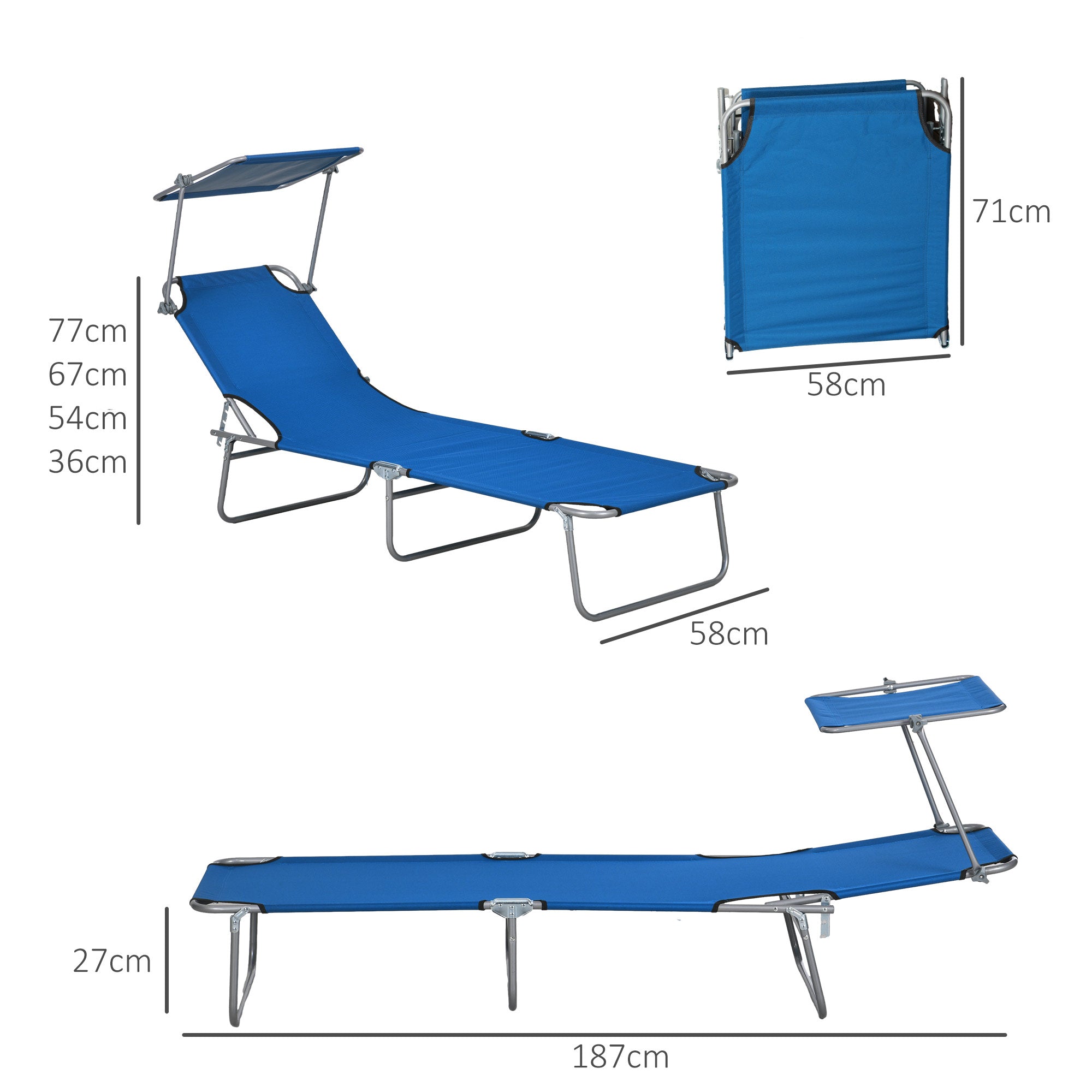 Outsunny Outdoor Foldable Sun Lounger Set of 2, 4 Level Adjustable Backrest Reclining Sun Lounger Chair with Angle Adjust Sun Shade Awning for Beach, Garden, Patio, Blue