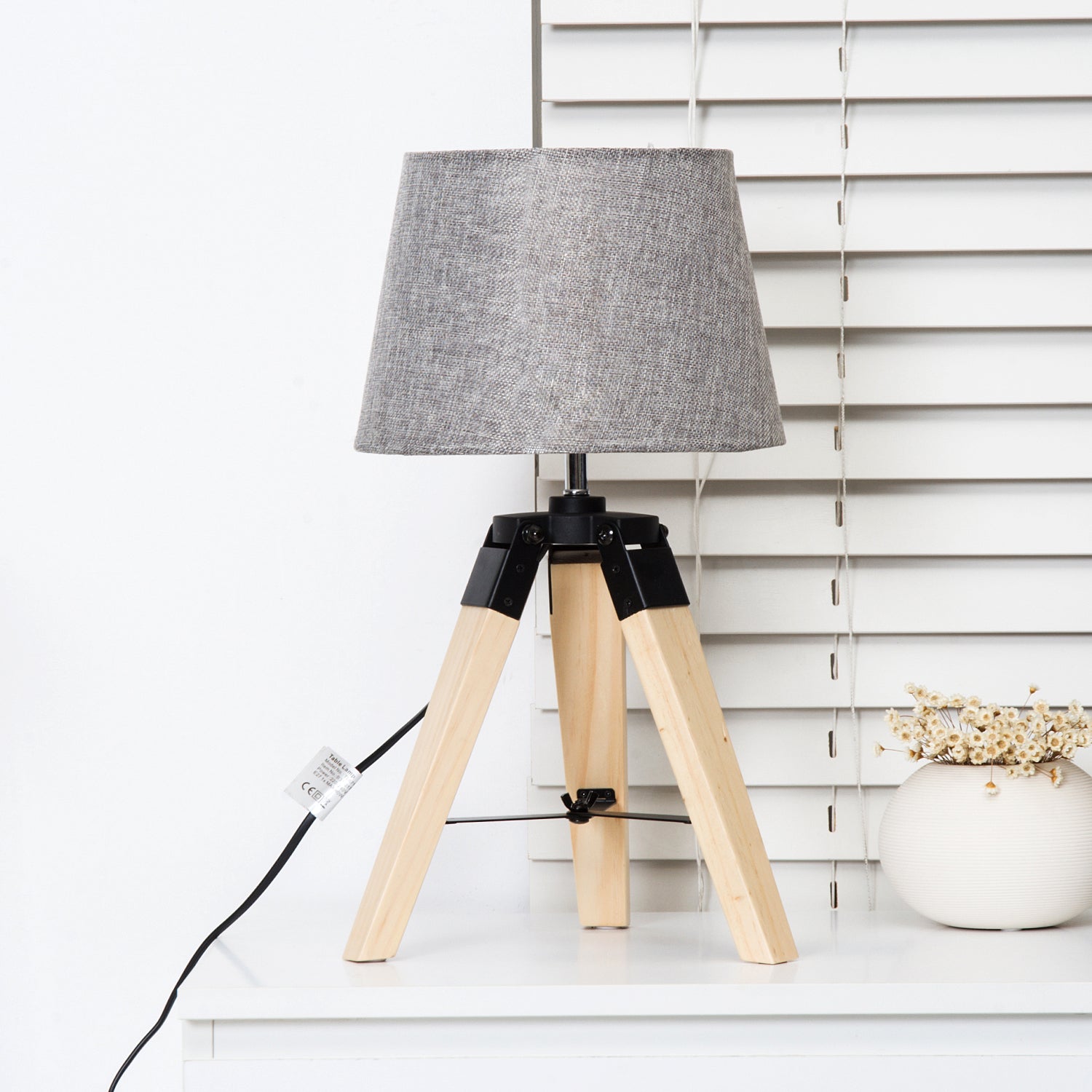 HOMCOM Wooden Tripod Table Lamp for Side, Desk or End Table with E27 Bulb Base（Grey Shade） - North Peak Garden Furniture
