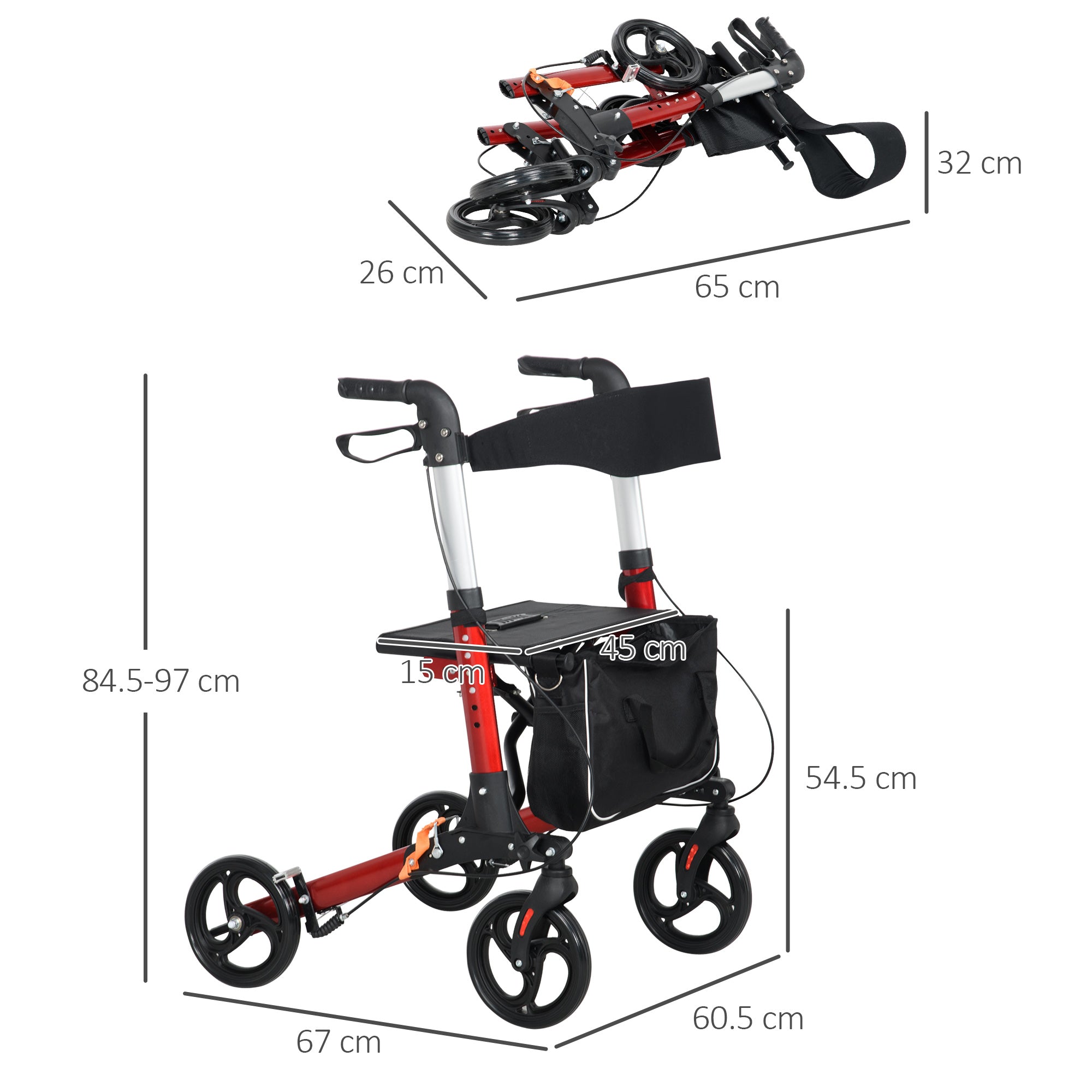 HOMCOM Folding Rollator Walker with Seat and Backrest, Lightweight Walking Frame with Detachable Storage Bag, Dual Brakes, Adjustable Handle Height, 4 Wheeled Walker for Seniors, Handicapped, Red