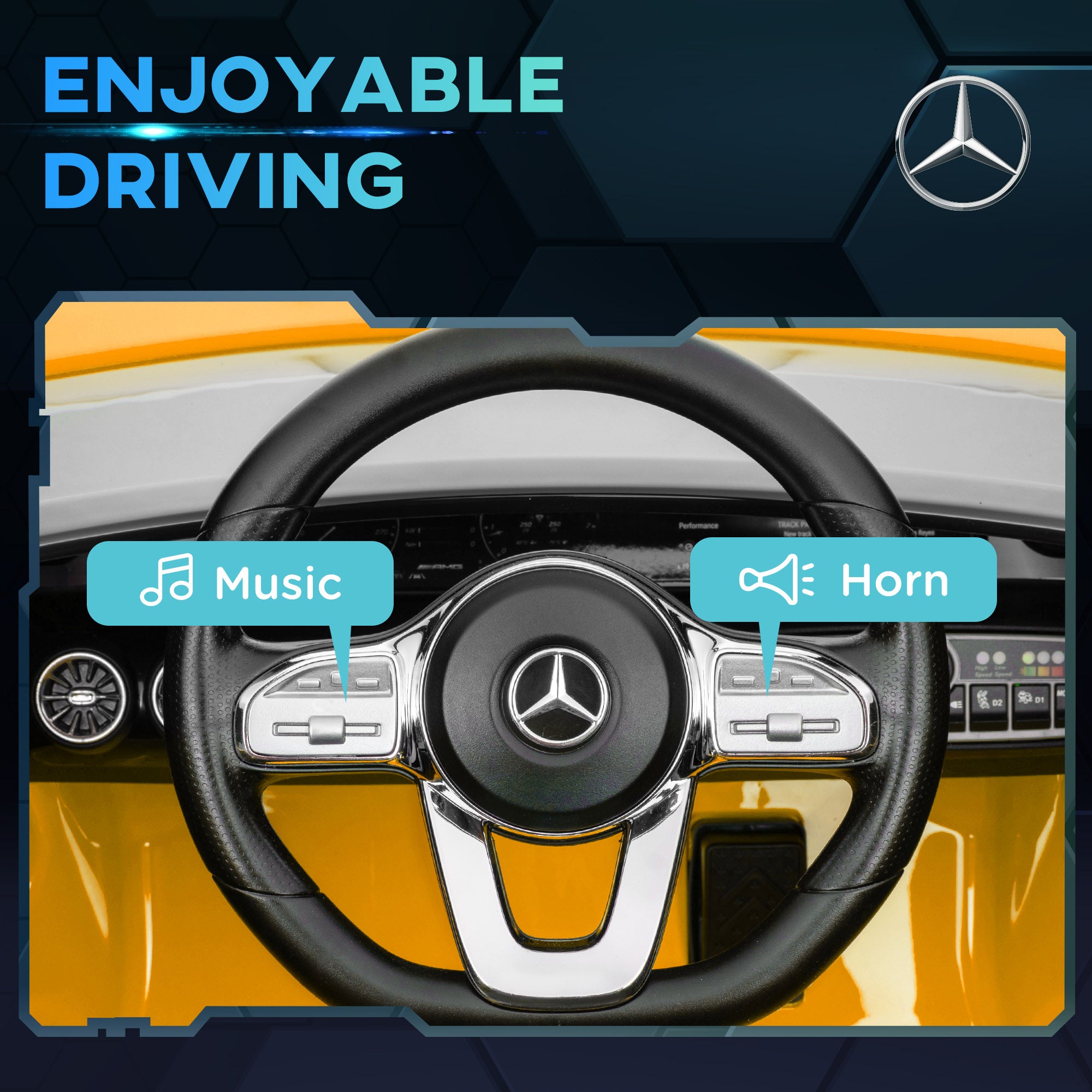 AIYAPLAY Mercedes-AMG CLA 45 Licensed 12V Kids Electric Car Ride on Car w/ Remote, Suspension Lights Music Horn - Yellow - North Peak Garden Furniture