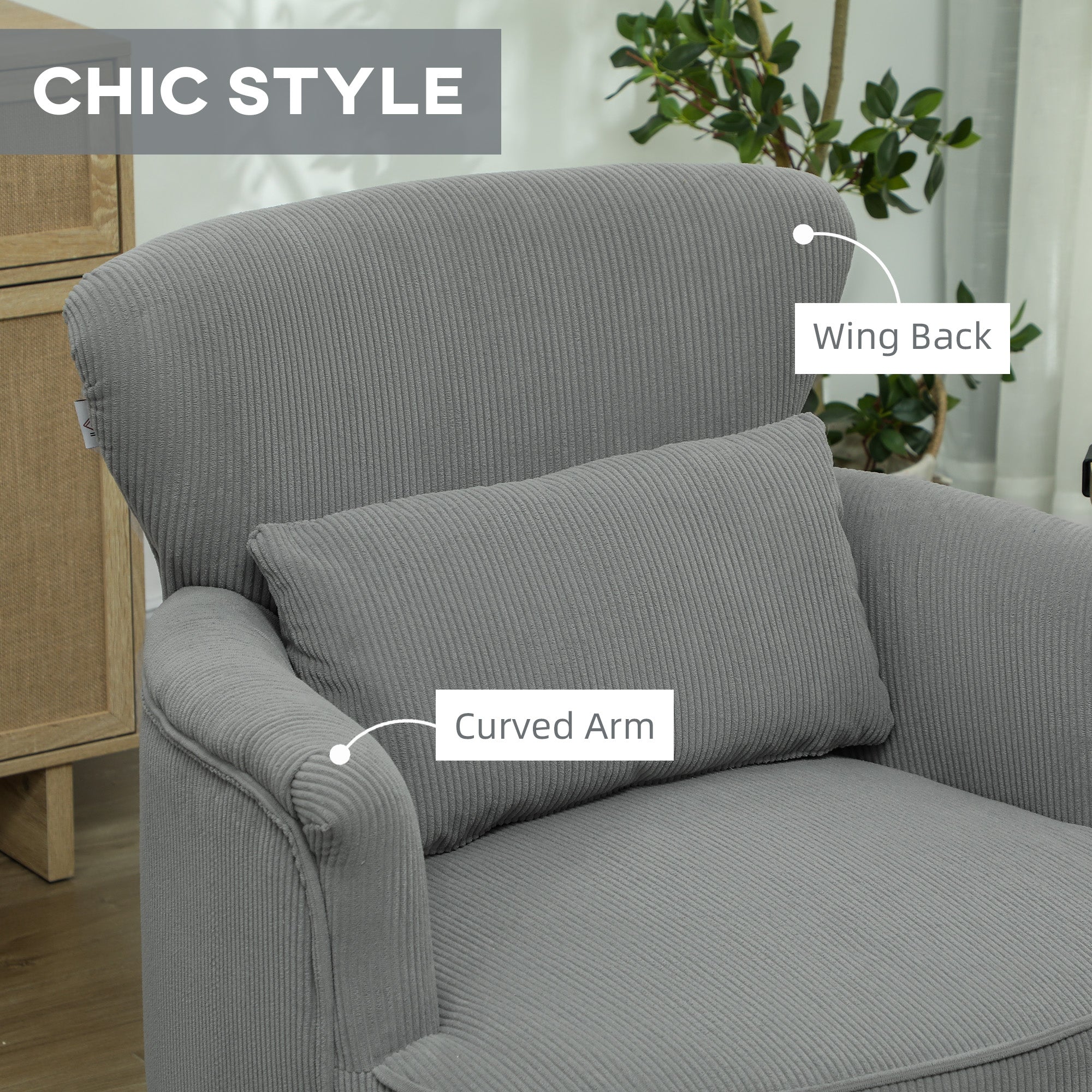 HOMCOM Corduroy Retro Accent Chair - Light Grey - North Peak Garden Furniture