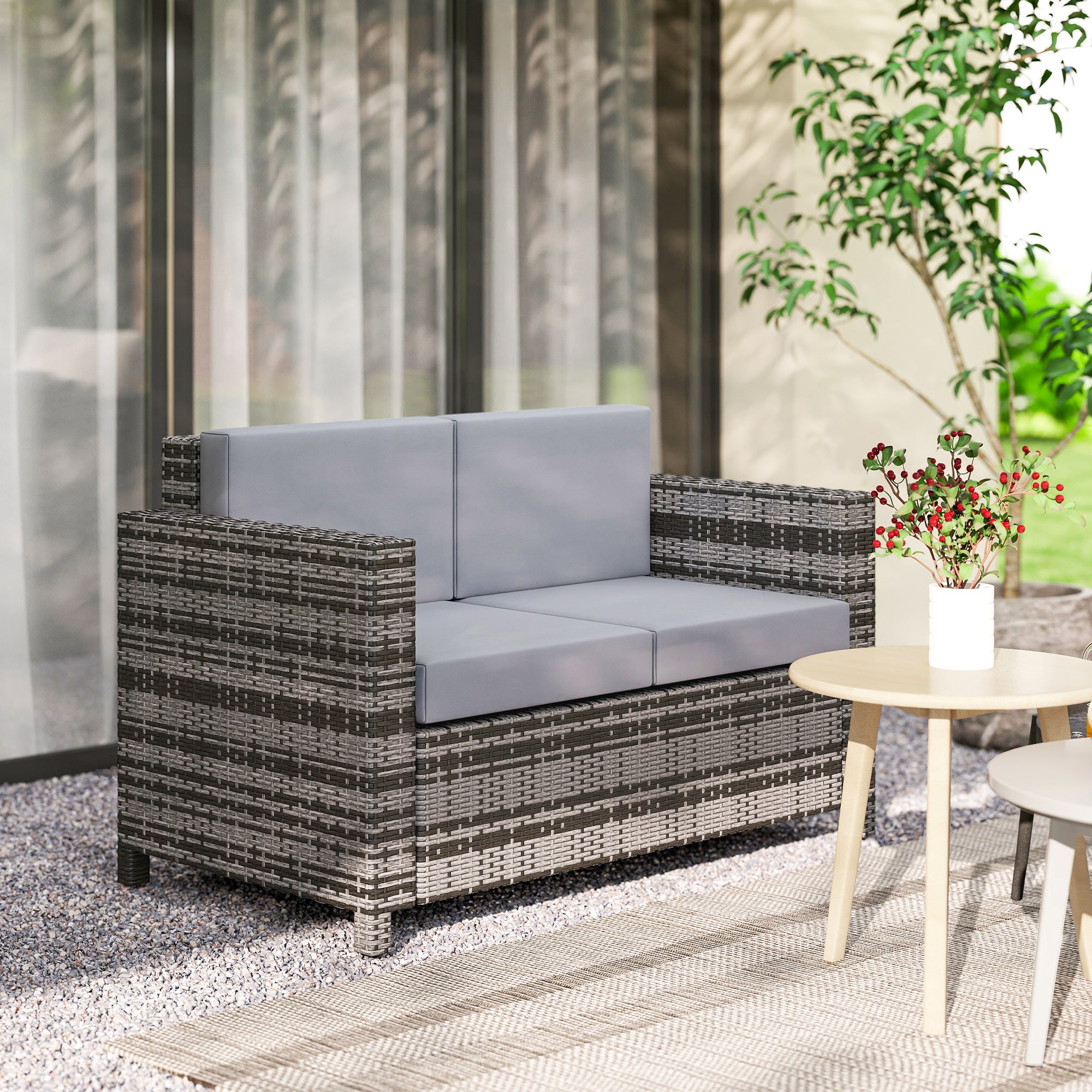 Outsunny 2 Seater Garden Furniture, Rattan Sofa with Soft Padded Cushion and Armrests, Wicker Garden Loveseat for Patio, Mixed Grey
