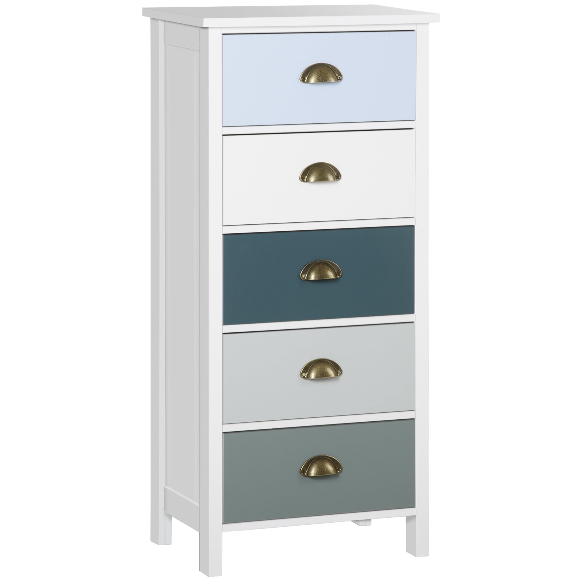 HOMCOM Slim Storage Cabinet Organiser, Chest of Drawers, 5-Drawer Dresser with Metal Handle for Living Room, Bedroom, Blue - North Peak Garden Furniture