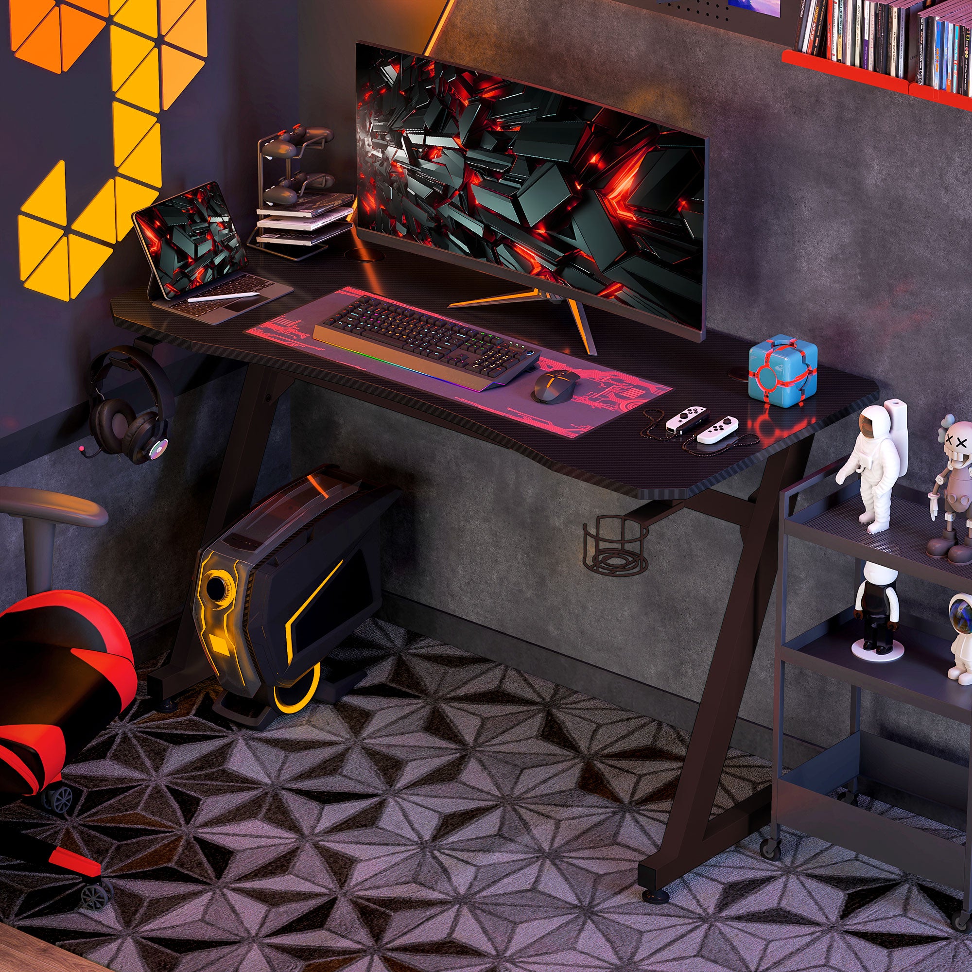 HOMCOM Gaming Desk 120 x 65 cm Steel Frame with Cup Holder, Headphone Hook, Adjustable Feet and Cable Organiser, Home Office Computer Table, Black - North Peak Garden Furniture