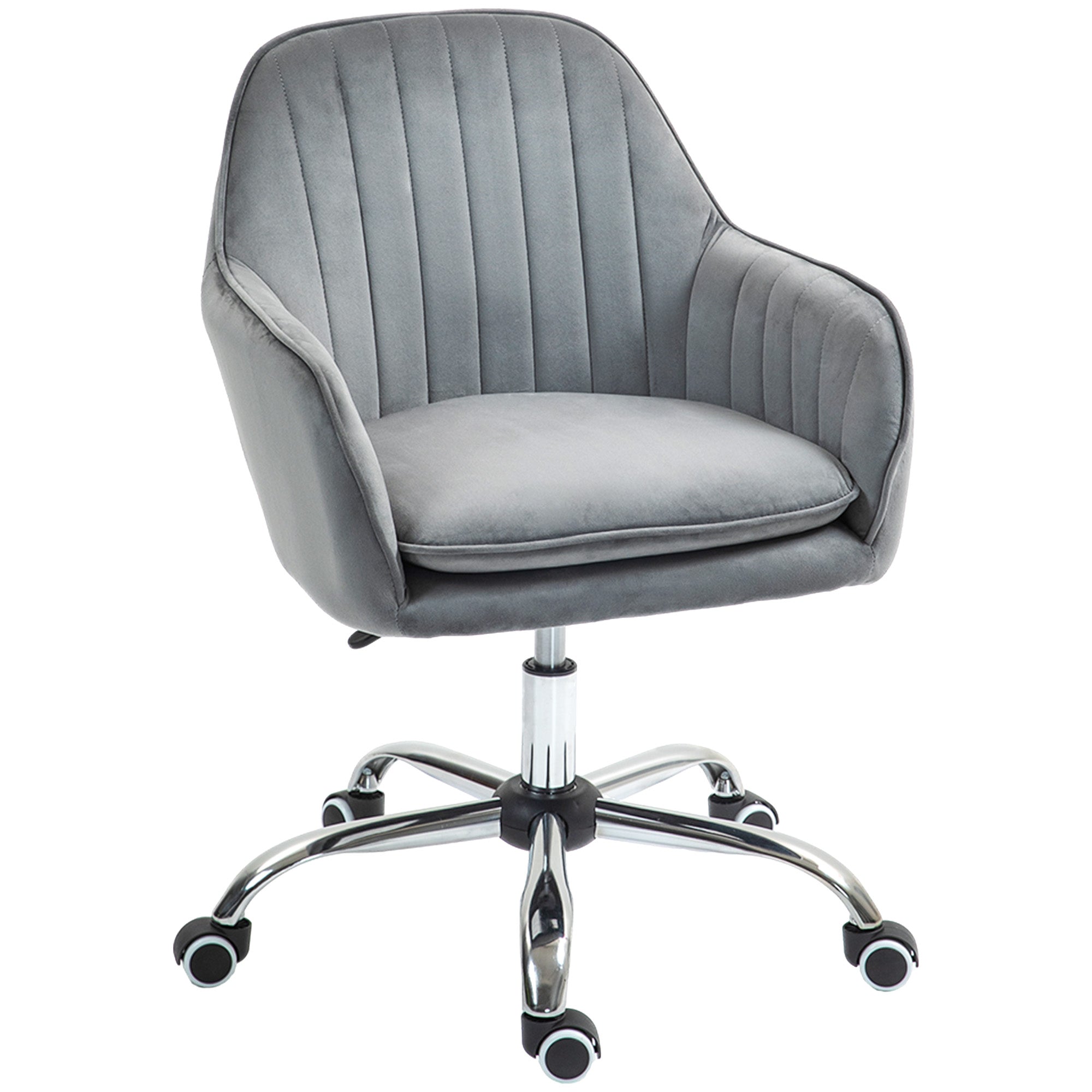HOMCOM Office Chair, Swivel Desk Chair, Velvet-Feel Fabric Vanity Chair with Adjustable Height and Rolling Wheels for Home Work Study, Grey - North Peak Garden Furniture