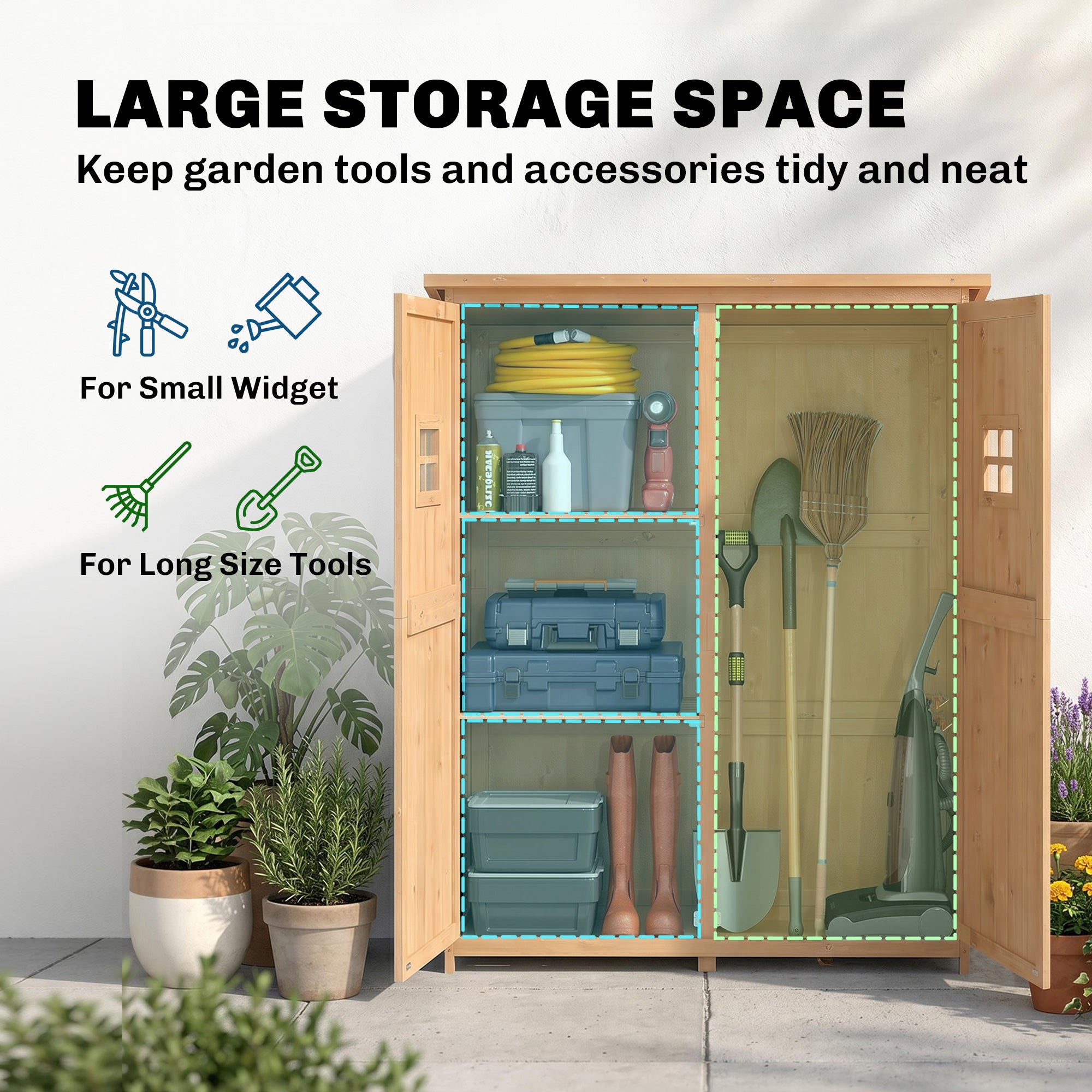 Outsunny Wooden Garden Shed with Two Windows, Tool Storage Cabinet, Outdoor Double Door Organizer 127.5L x 50W x 164H cm, Natural