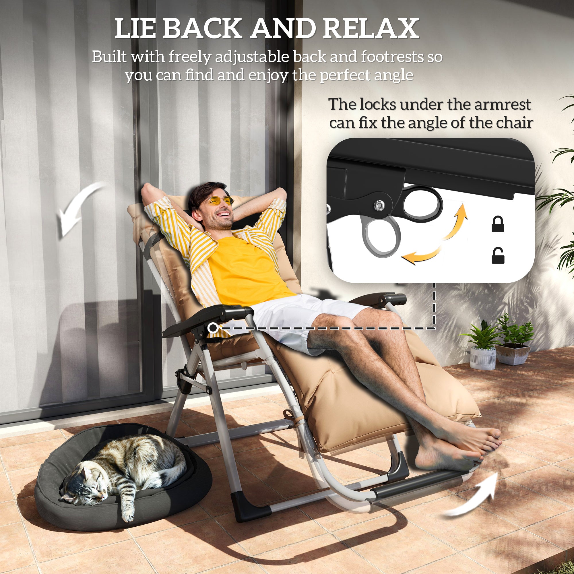 Outsunny 2 Piece Reclining Zero Gravity Sun Loungers with Cushions, Khaki - North Peak Garden Furniture