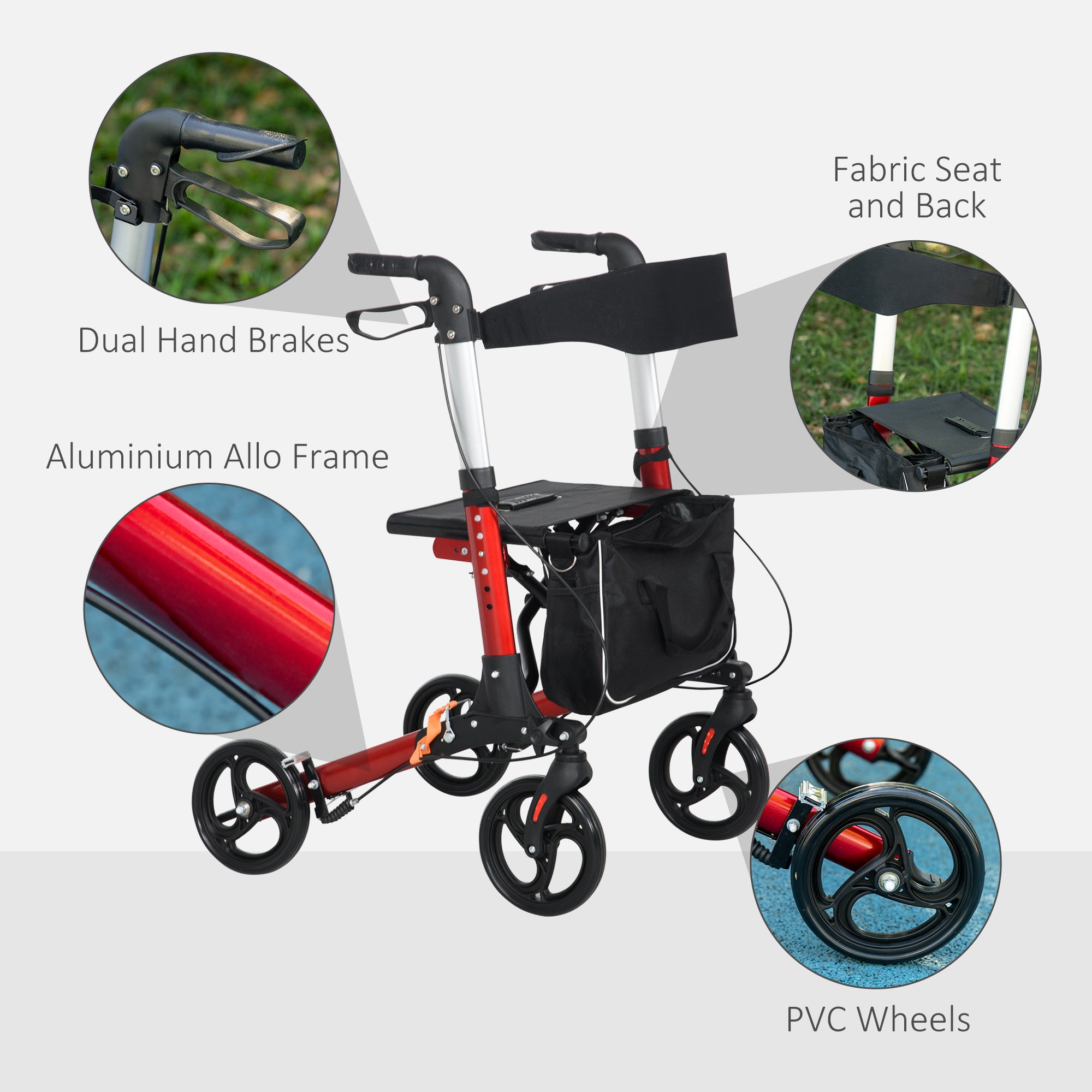 HOMCOM Folding Rollator Walker with Seat and Backrest, Lightweight Walking Frame with Detachable Storage Bag, Dual Brakes, Adjustable Handle Height, 4 Wheeled Walker for Seniors, Handicapped, Red - North Peak Garden Furniture