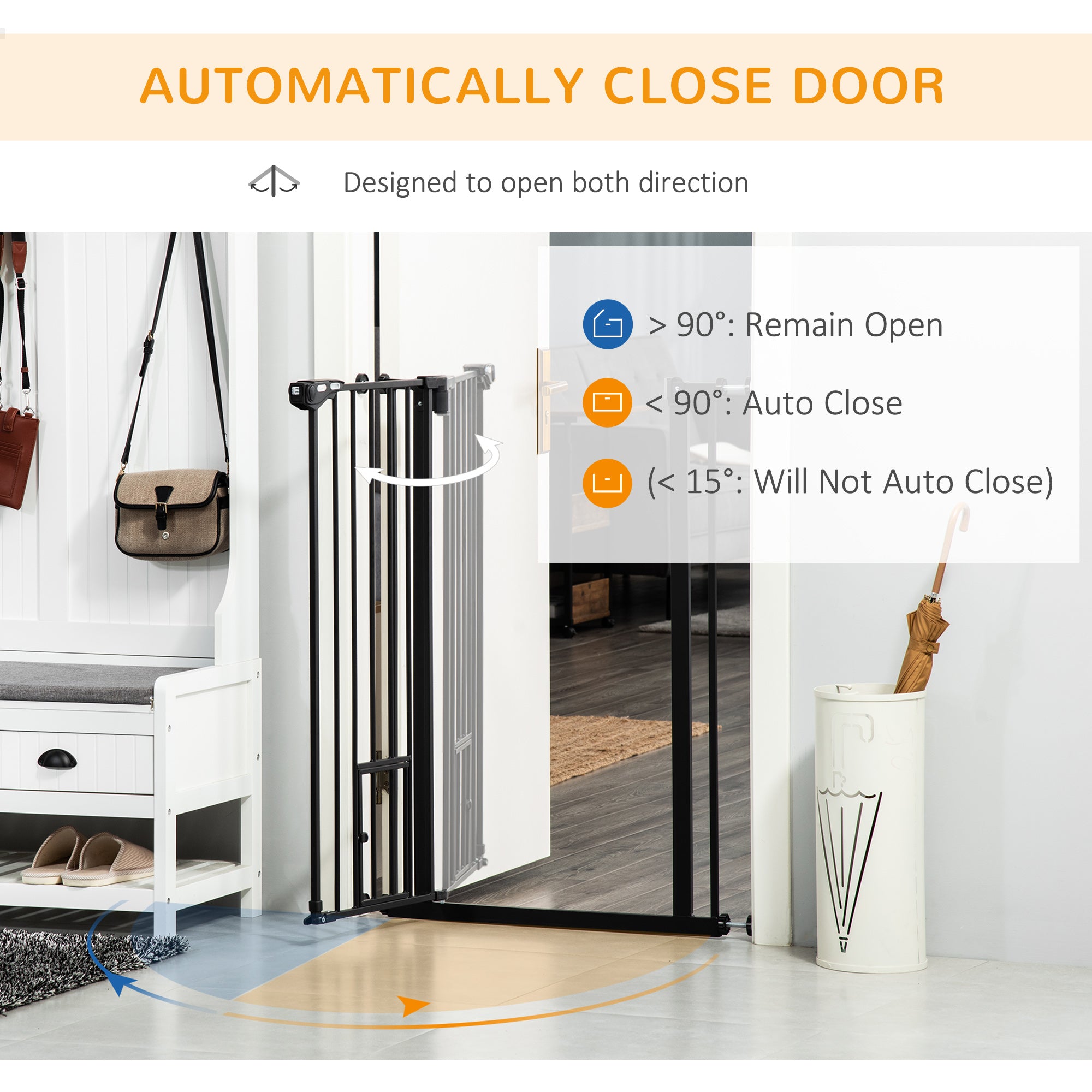 PawHut Extra Tall Pet Gate, Indoor Dog Safety Gate, with Cat Flap, Auto Close, 74-101cm Wide - Black - North Peak Garden Furniture