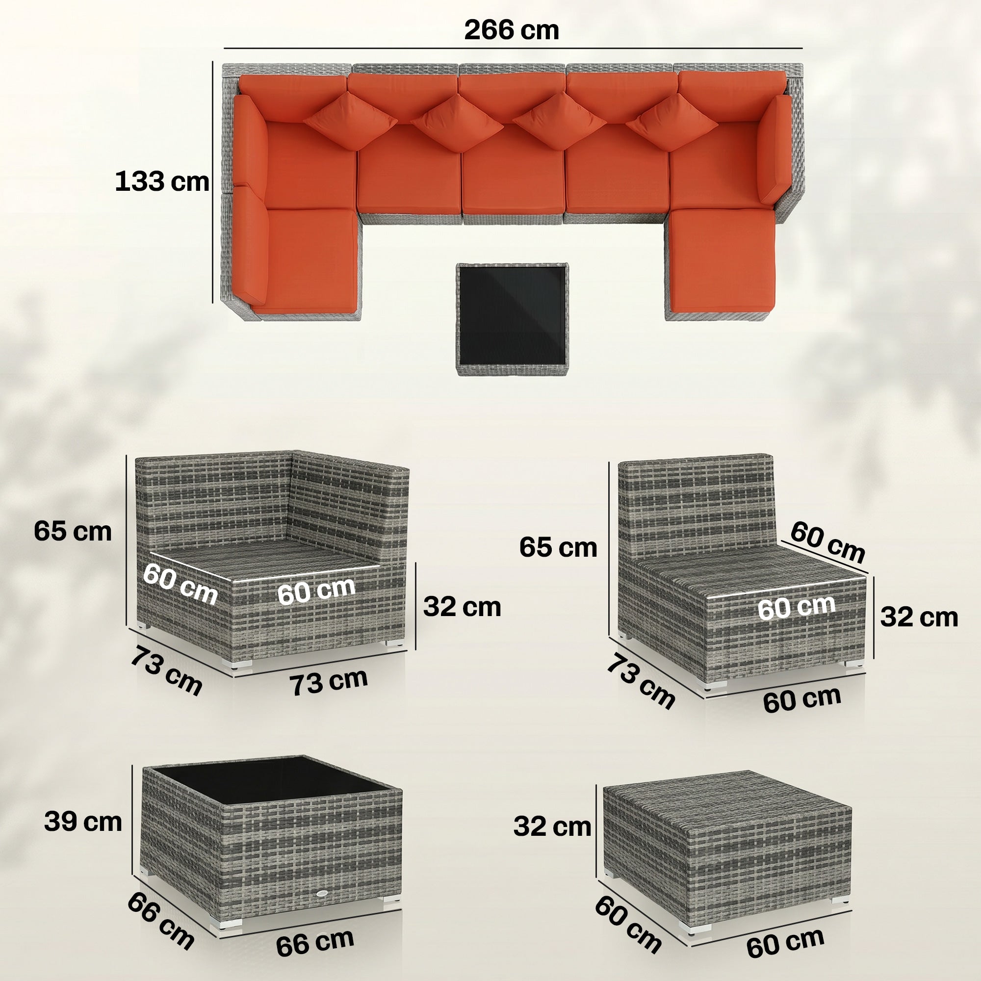 Outsunny Eight-Piece Rattan Sofa Set - Orange/Grey
