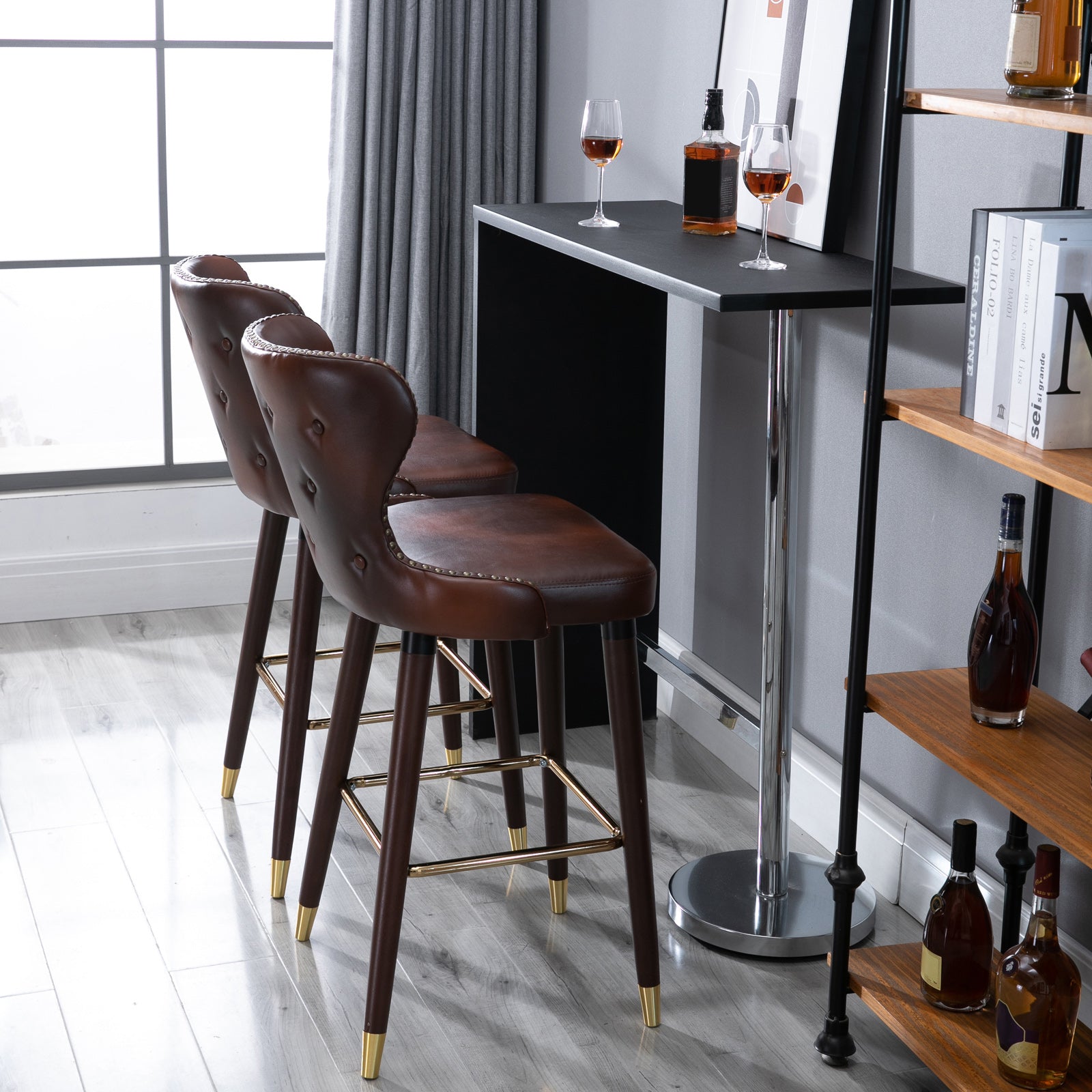 HOMCOM Bar Stools Set of 2, PU Leather Vintage Counter-Height Bar Chair, Luxury European Style Kitchen Stools with Back, Brown - North Peak Garden Furniture