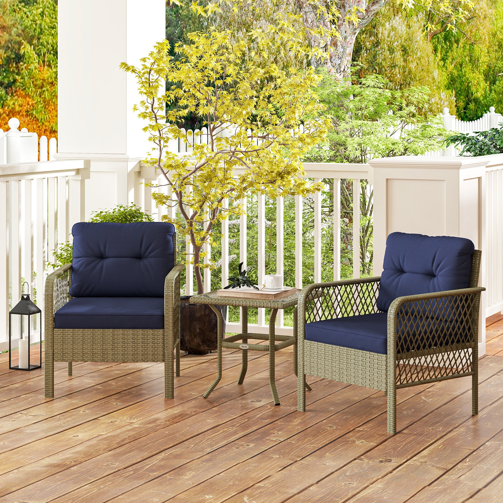 Outsunny 3 Pieces Rattan Bistro Set with Glass Top Coffee Table, Chairs and Cushions for Outdoor, Patio, Balcony, Charcoal Grey - North Peak Garden Furniture