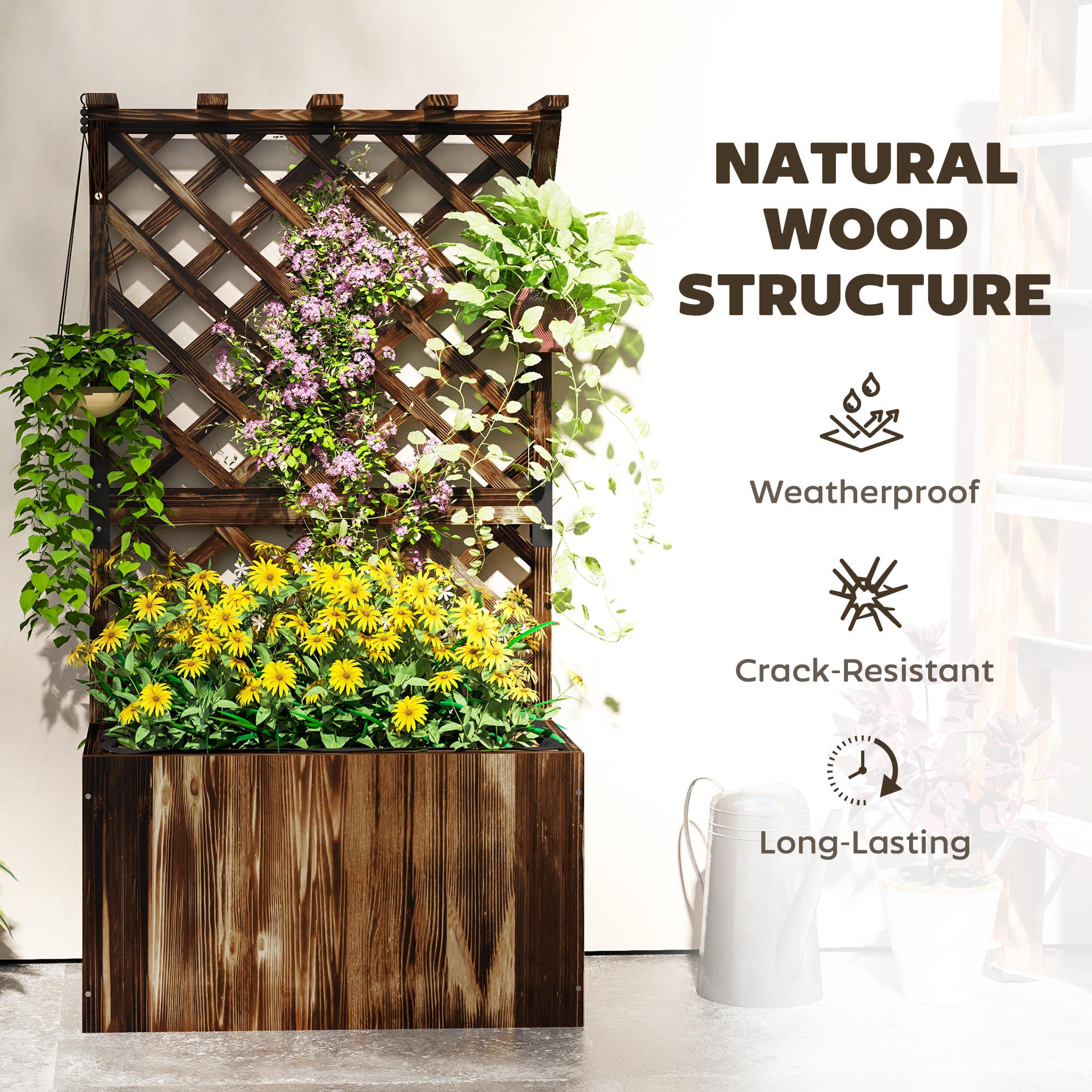 Outsunny Wooden Planter with Trellis, Freestanding Raised Garden Bed with Drainage Holes, Outdoor Planter Box with Liner for Vegetables, Herbs and Flowers, Carbonised - North Peak Garden Furniture