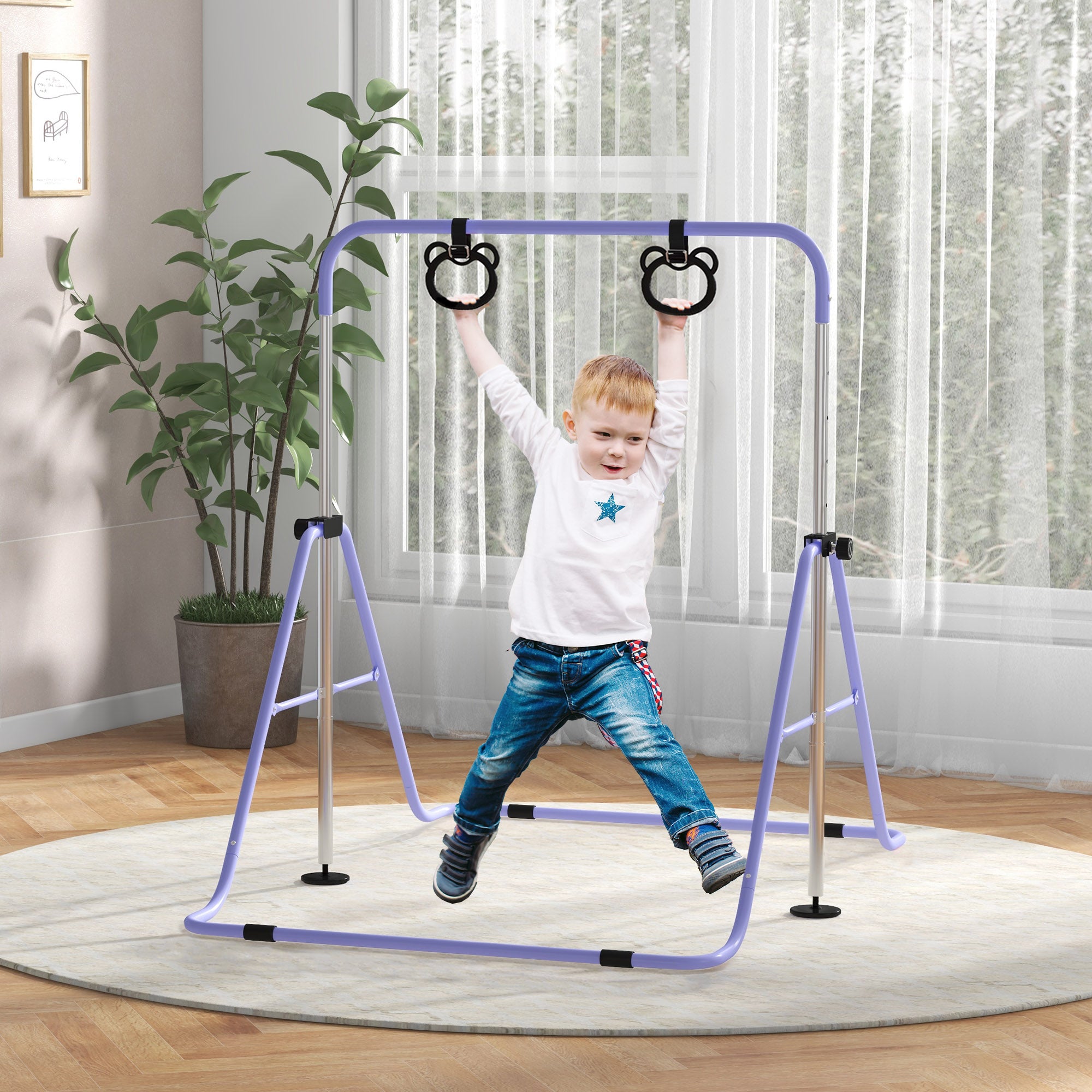 HOMCOM Adjustable Height, Foldable Kids Gymnastics Bar w/ Non-Slip Mats, for 3+ Years, Purple