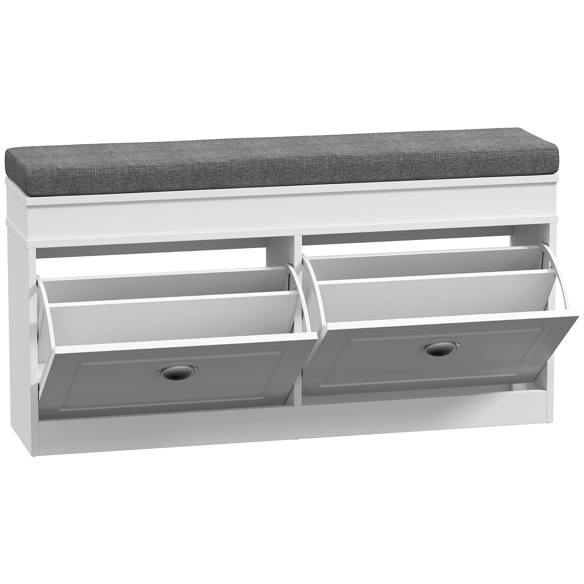HOMCOM Shoe Storage Bench with Flip Drawers, Shoe Cabinet with Seat Cushion and Adjustable Shelf for Hallway, Entryway, Living Room, Bedroom, White - North Peak Garden Furniture