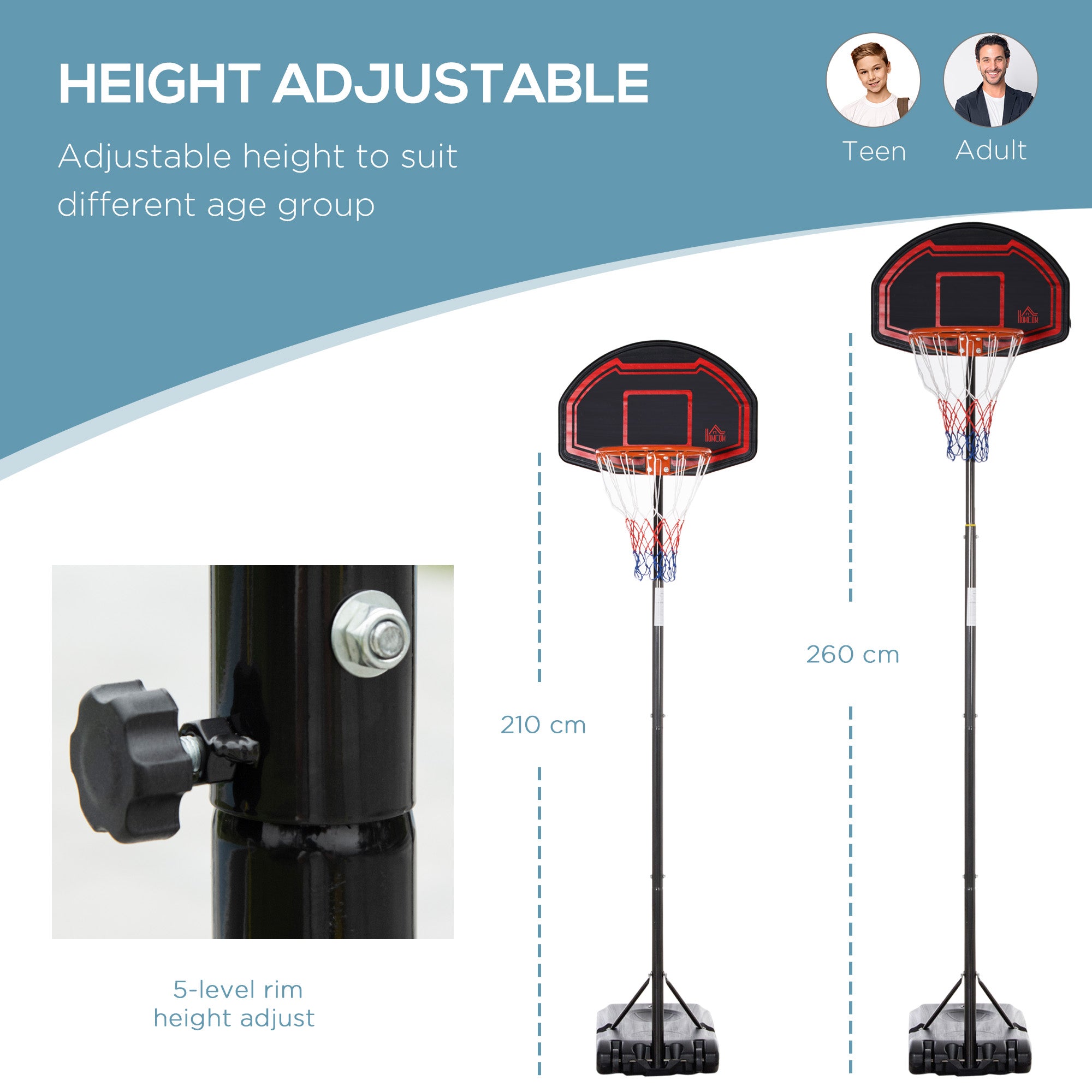 HOMCOM Basketball Hoop Stand Portable Adjustable Height 2.1-2.6m w/ Wheels, Sturdy Rim Stable Base, Black - North Peak Garden Furniture