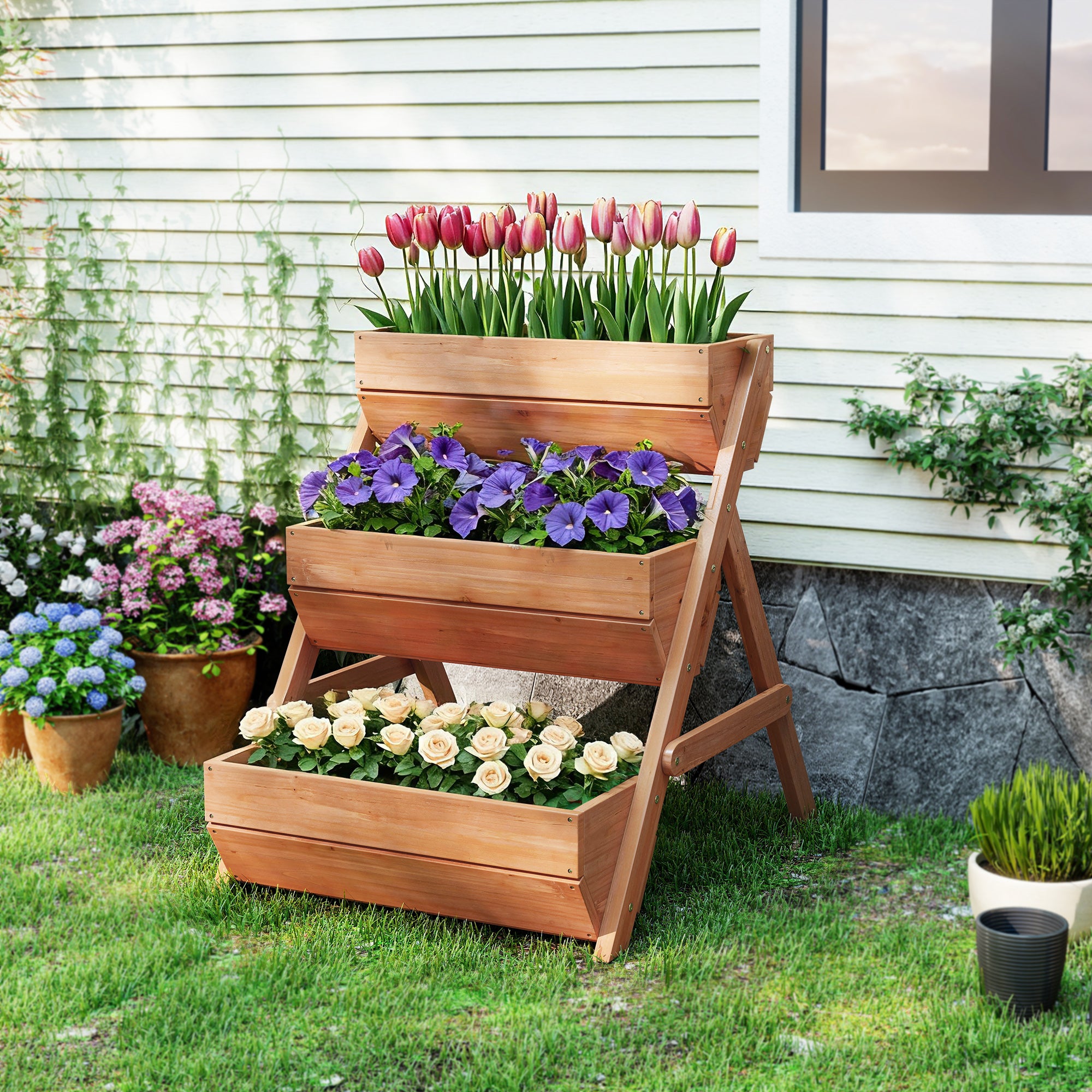 Outsunny 3 Tier Raised Garden Bed Wooden Elevated Planter Box Kit, 66L for Flower, Vegetable, Herb, 65x75x78cm, Brown