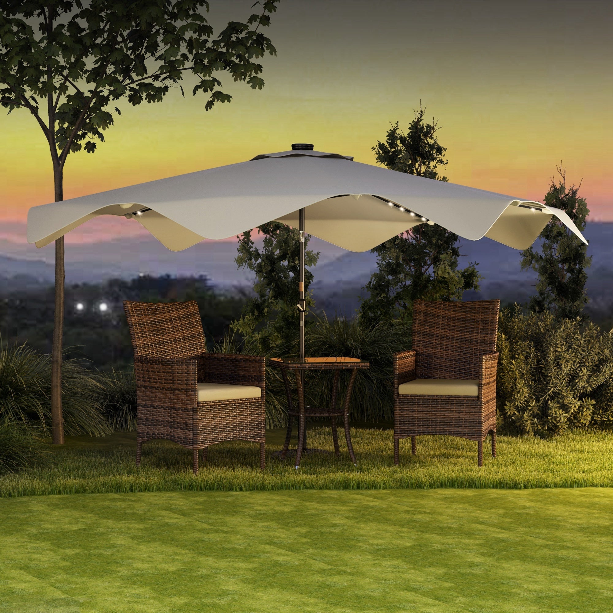 Outsunny Solar Patio Umbrella with LED and Tilt, Outdoor Market Table Umbrella Parasol with Crank, 3 x 3 (m), Cream White - North Peak Garden Furniture
