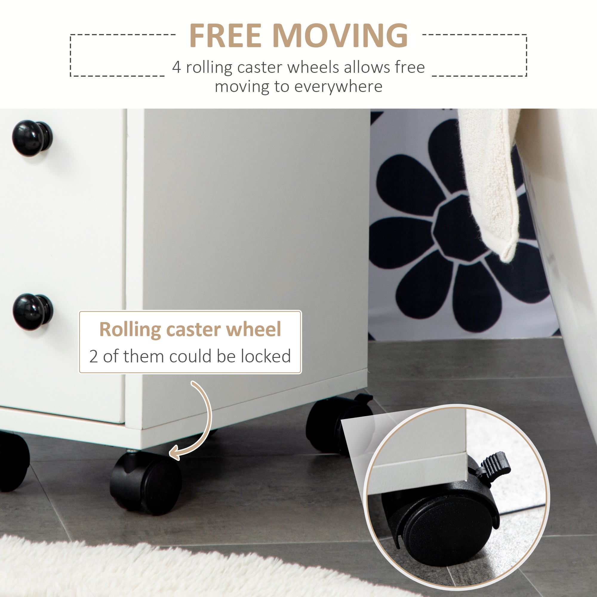 kleankin Slimline Bathroom Storage Unit w/ 2 Drawers 2 Open Compartments Wheels Handles Freestanding Compact Home Office Furniture White