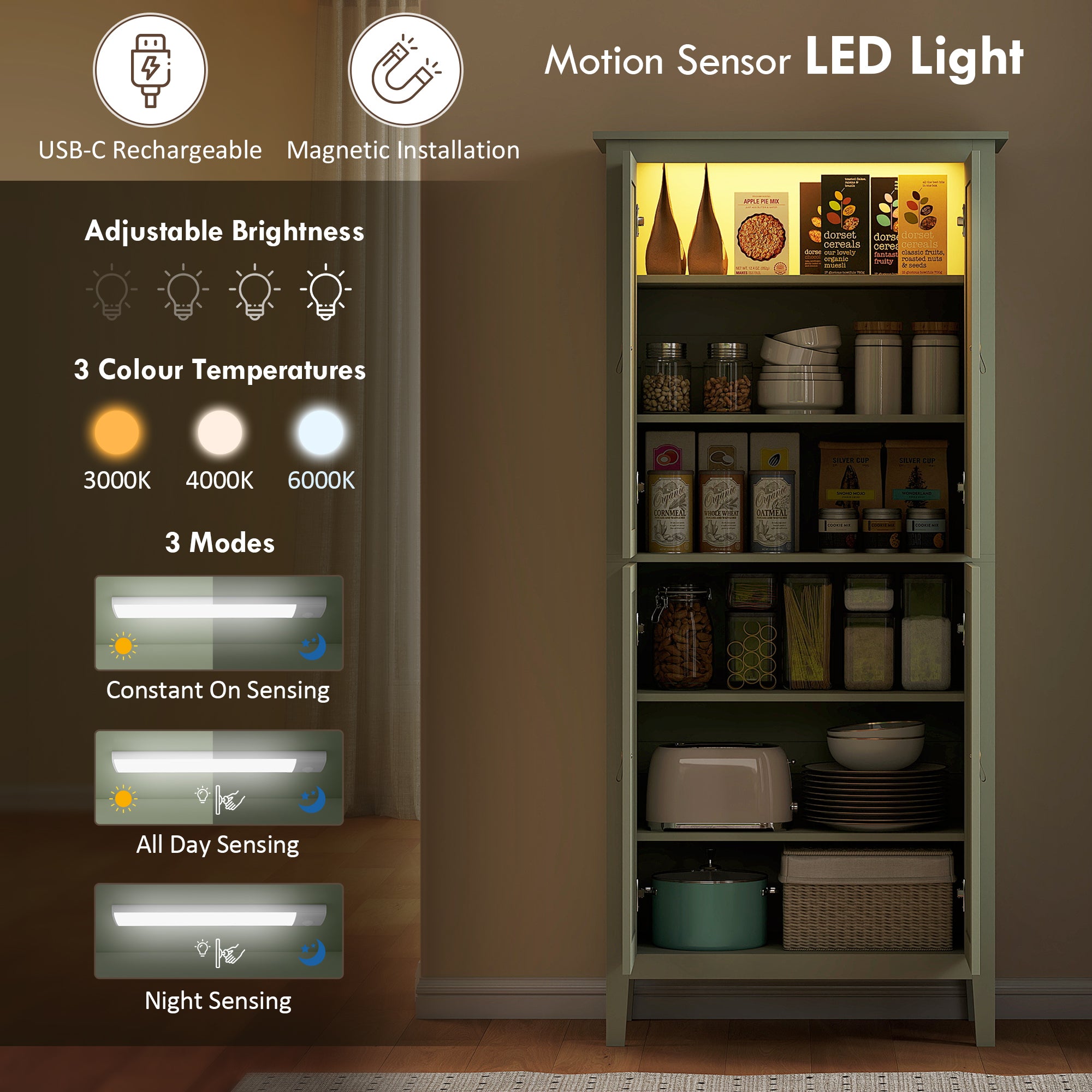 HOMCOM Tall Pantry Cupboard with Motion Sensor LED Light - Green