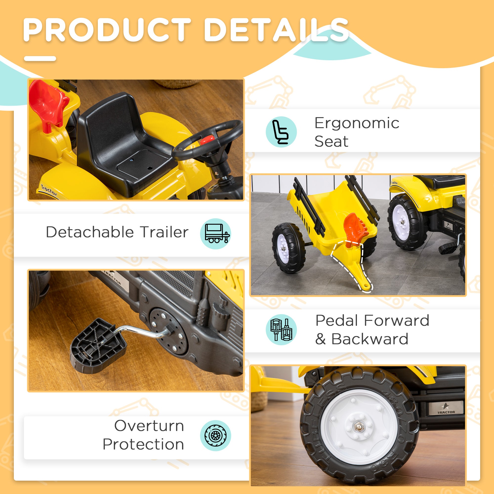 HOMCOM Pedal Go Kart, Kids Ride on Tractor with Back Trailer, Shovel & Rake, Horn, Four Wheels Tractor Toy for Child Toddler - North Peak Garden Furniture