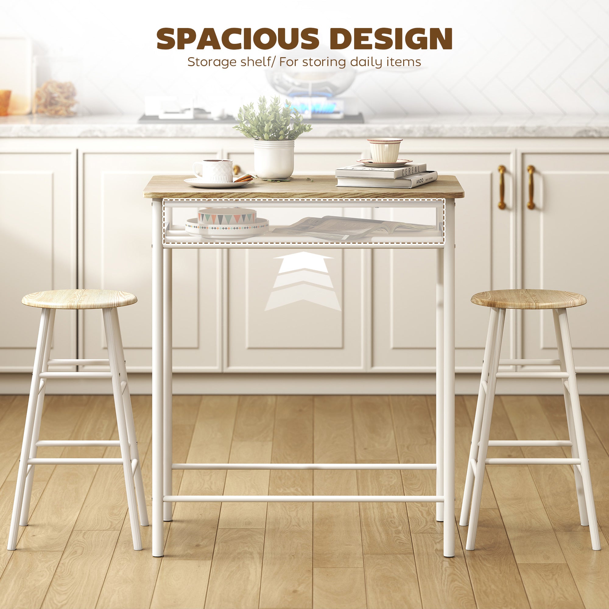 HOMCOM Bar Table Set, Bar Table and Stools Set, Footrest and Storage Shelf, for Kitchen, Dining Room, Pub, Cafe, White and Oak