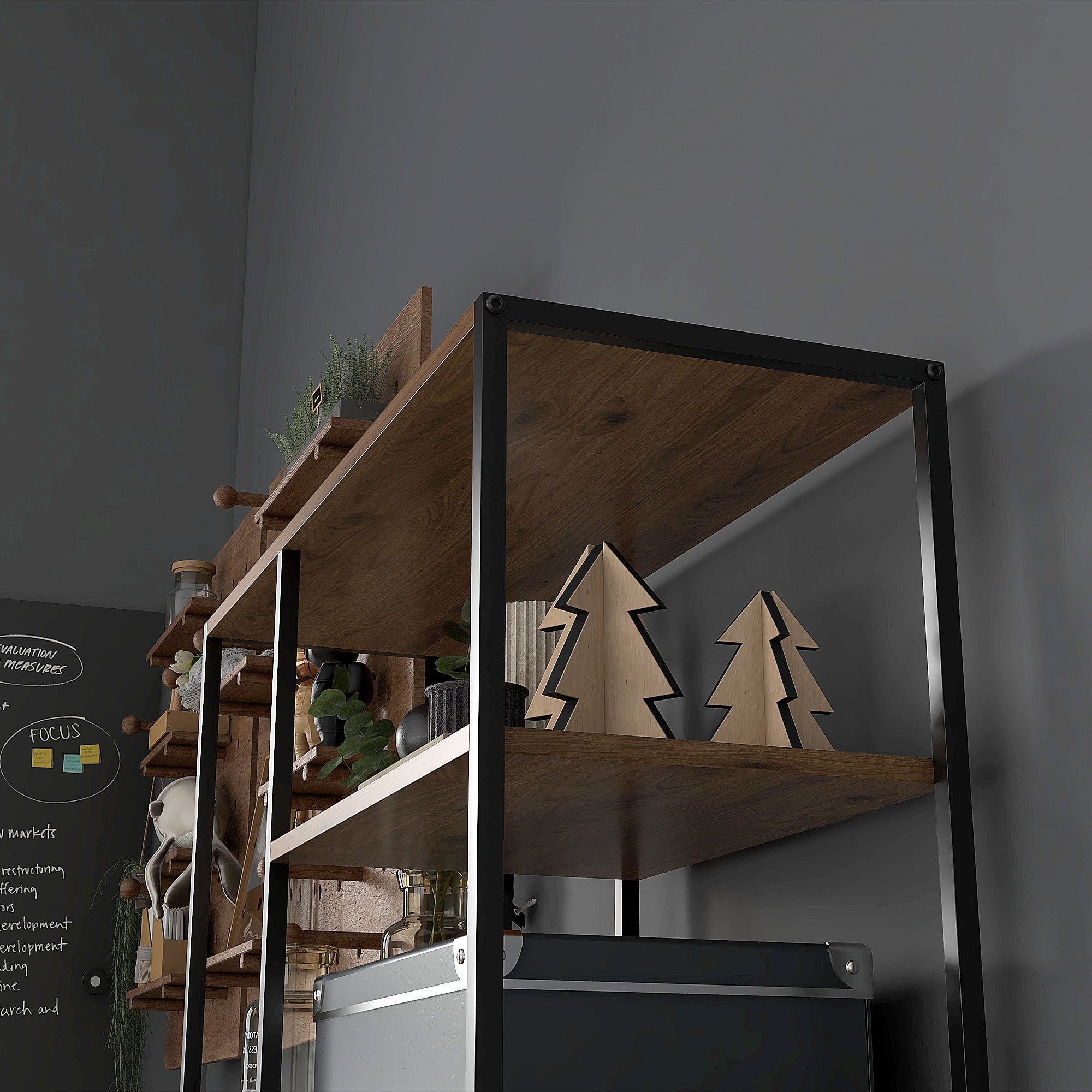 HOMCOM Seven-Shelf Industrial Display Shelf, with Drawers - Brown/Black - North Peak Garden Furniture