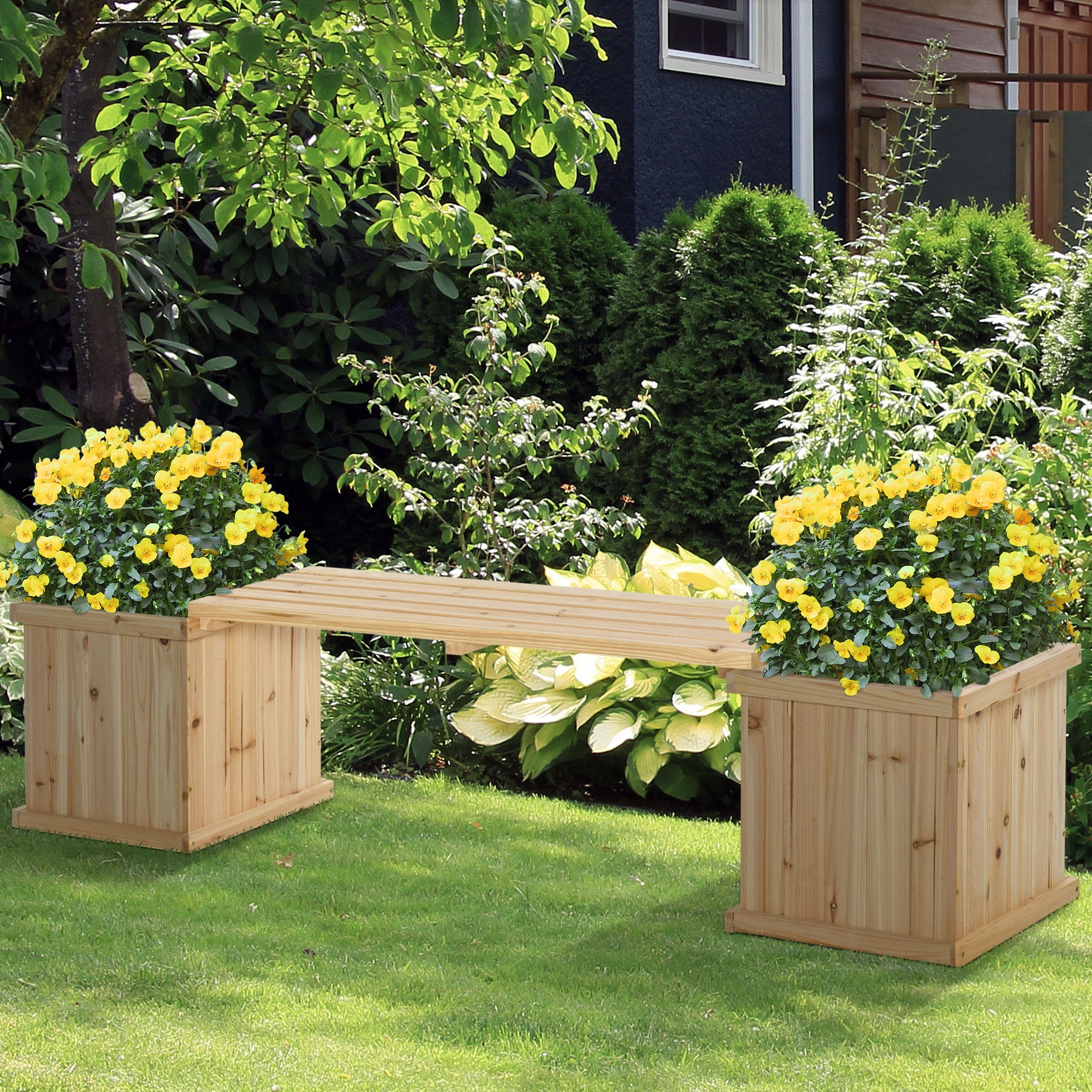 Outsunny 37L Wooden Garden Planter & Bench Combination Garden Raised Bed Patio Park Natural 176 x 38 x 40 cm - North Peak Garden Furniture