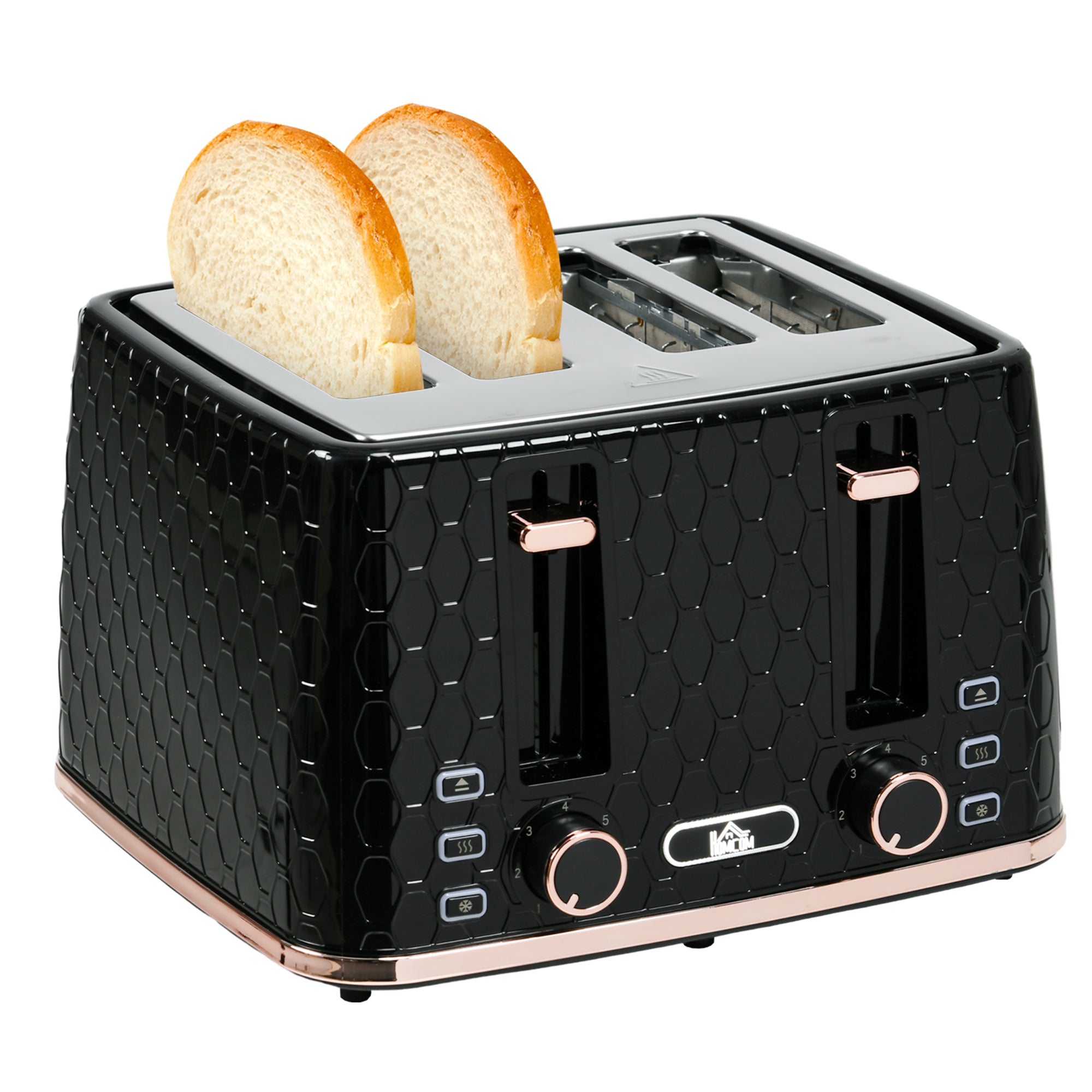 HOMCOM 4 Slice Toaster with 7 Browning Levels, High Lift, Reheat/Defrost/Cancel, Self-centring Function, Removable Crumb Tray, Auto Off, 1600W, Black Honeycomb Texture - North Peak Garden Furniture