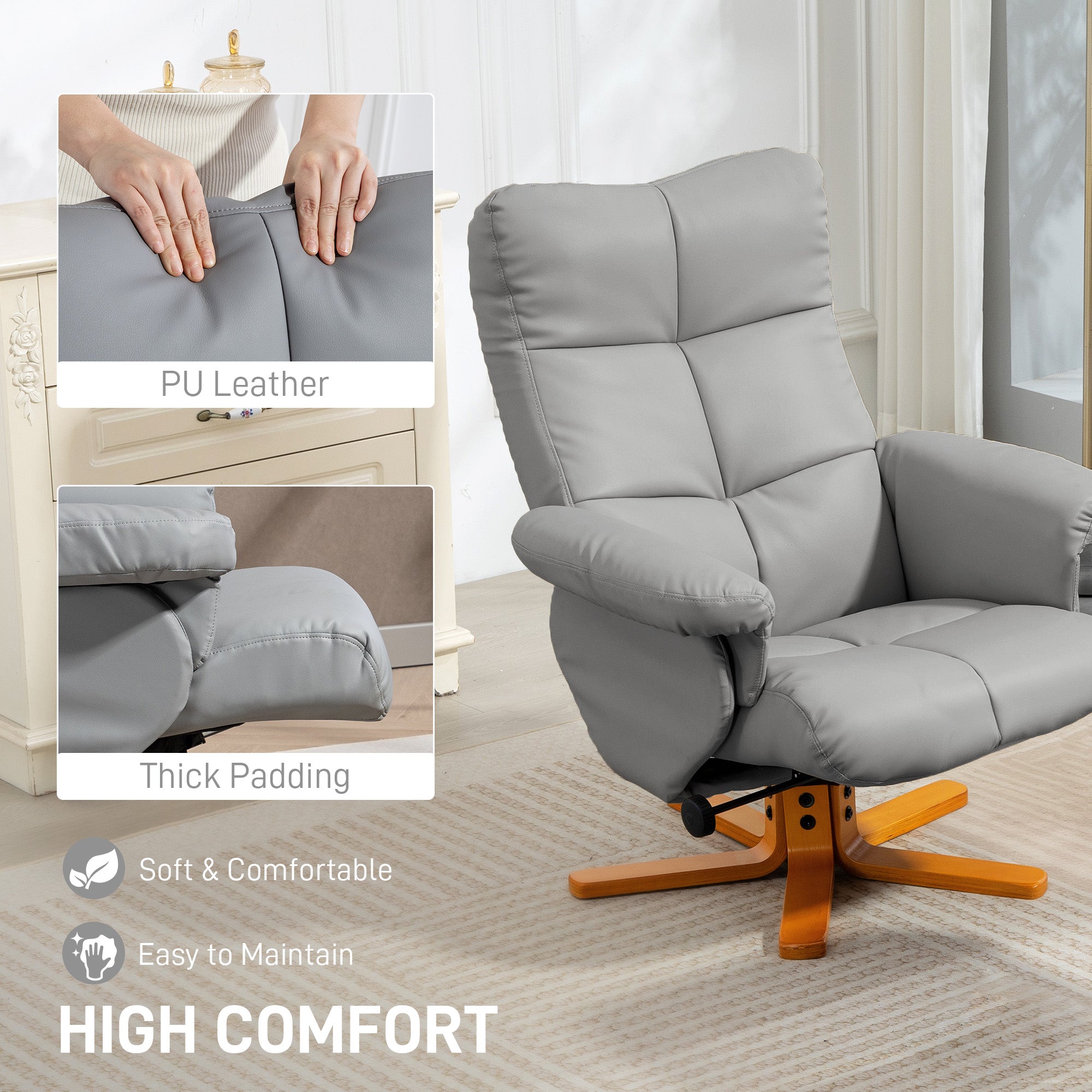 HOMCOM PU Leather Swivel Recliner Chair with Footstool, Wooden Base and Storage for Living Room, Light Grey