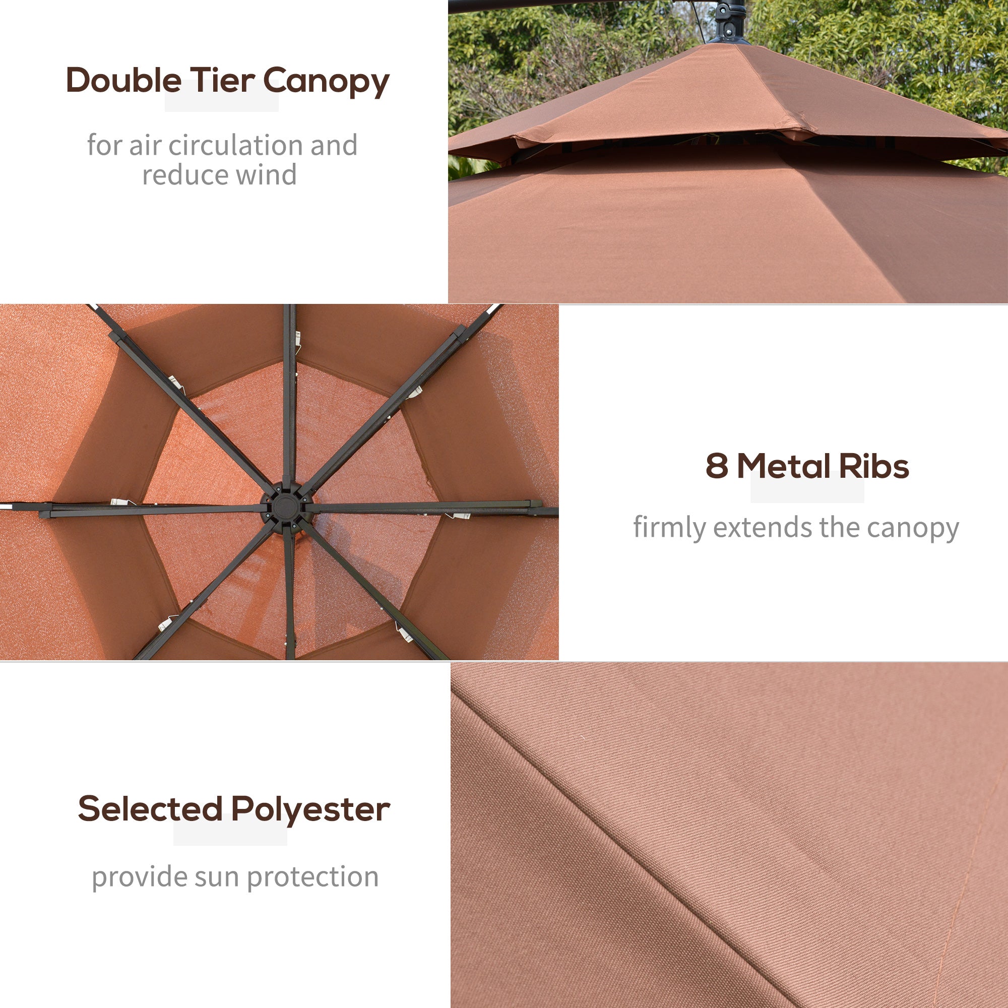Outsunny 3(m) Cantilever Banana Parasol Hanging Umbrella with Double Roof, LED Solar lights, Crank, 8 Sturdy Ribs and Cross Base for Outdoor, Garden, Patio, Coffee - North Peak Garden Furniture