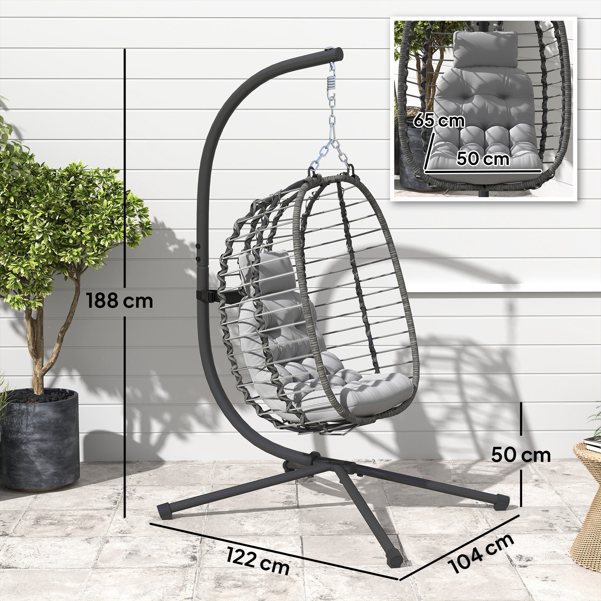 Outsunny Rattan Hanging Egg Chair, Foldable Wicker Hammock Swing Chair with Cushion, Stand, Adjustable Height, Head Pillow, Steel Frame for Garden Patio Indoor Outdoor, Light Grey - North Peak Garden Furniture