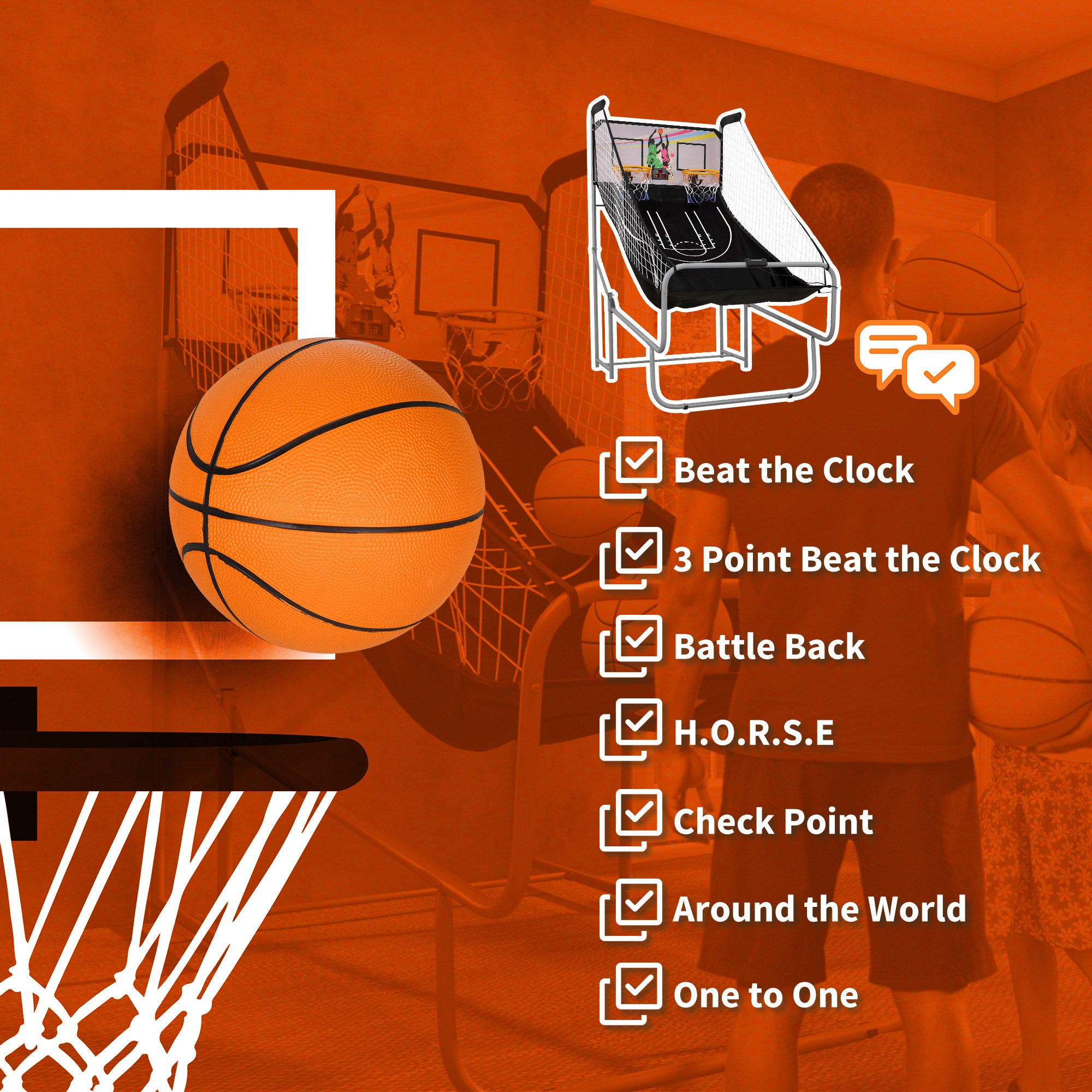 SPORTNOW Foldable Double-Hoop Basketball Arcade Game, with Eight Modes, Four Basketballs, Electronic Scoreboard, Sound Effects - North Peak Garden Furniture