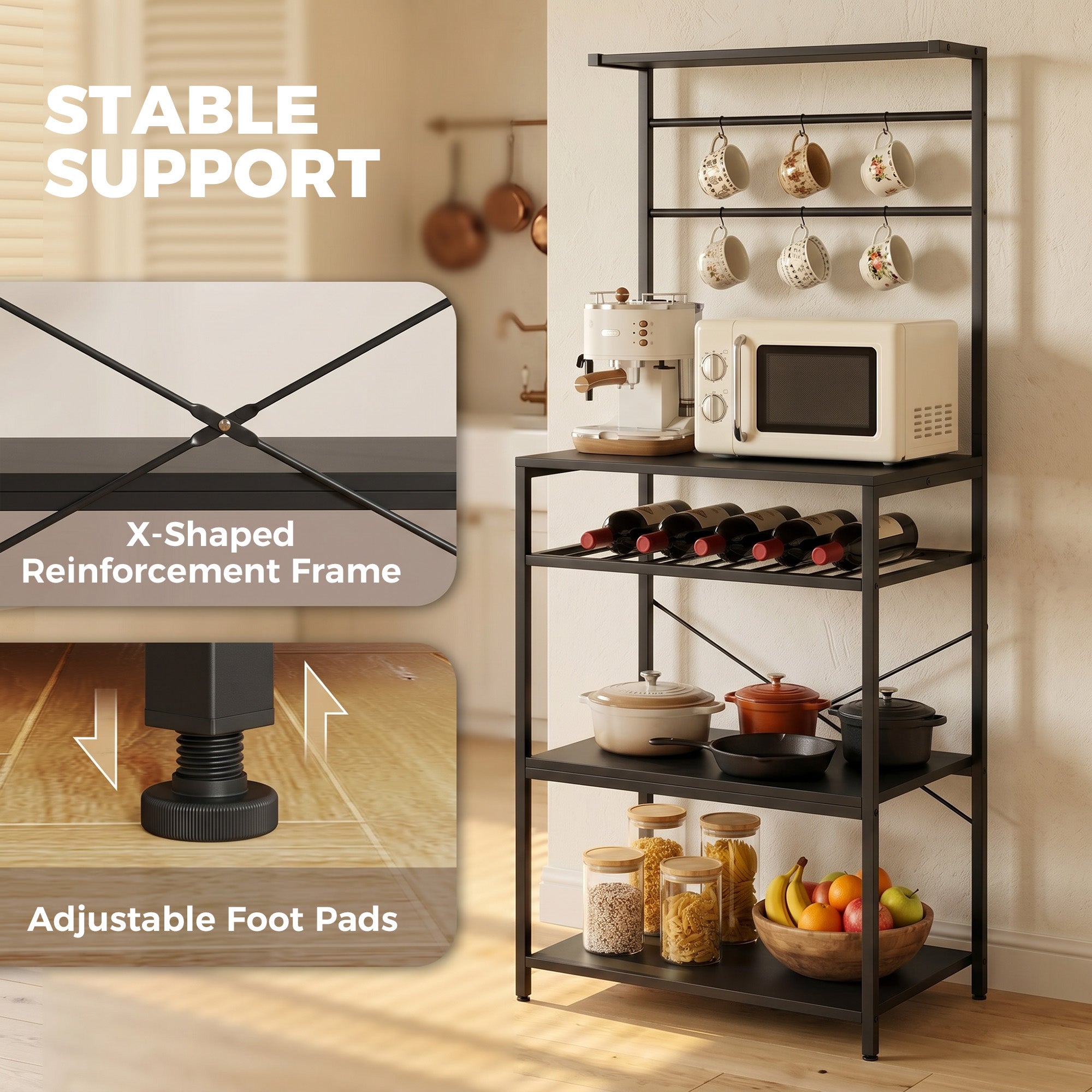 HOMCOM Freestanding Shelving Unit, Industrial Storage Shelf with 6 Hooks and Wine Rack for Living Room, Home Office, Black